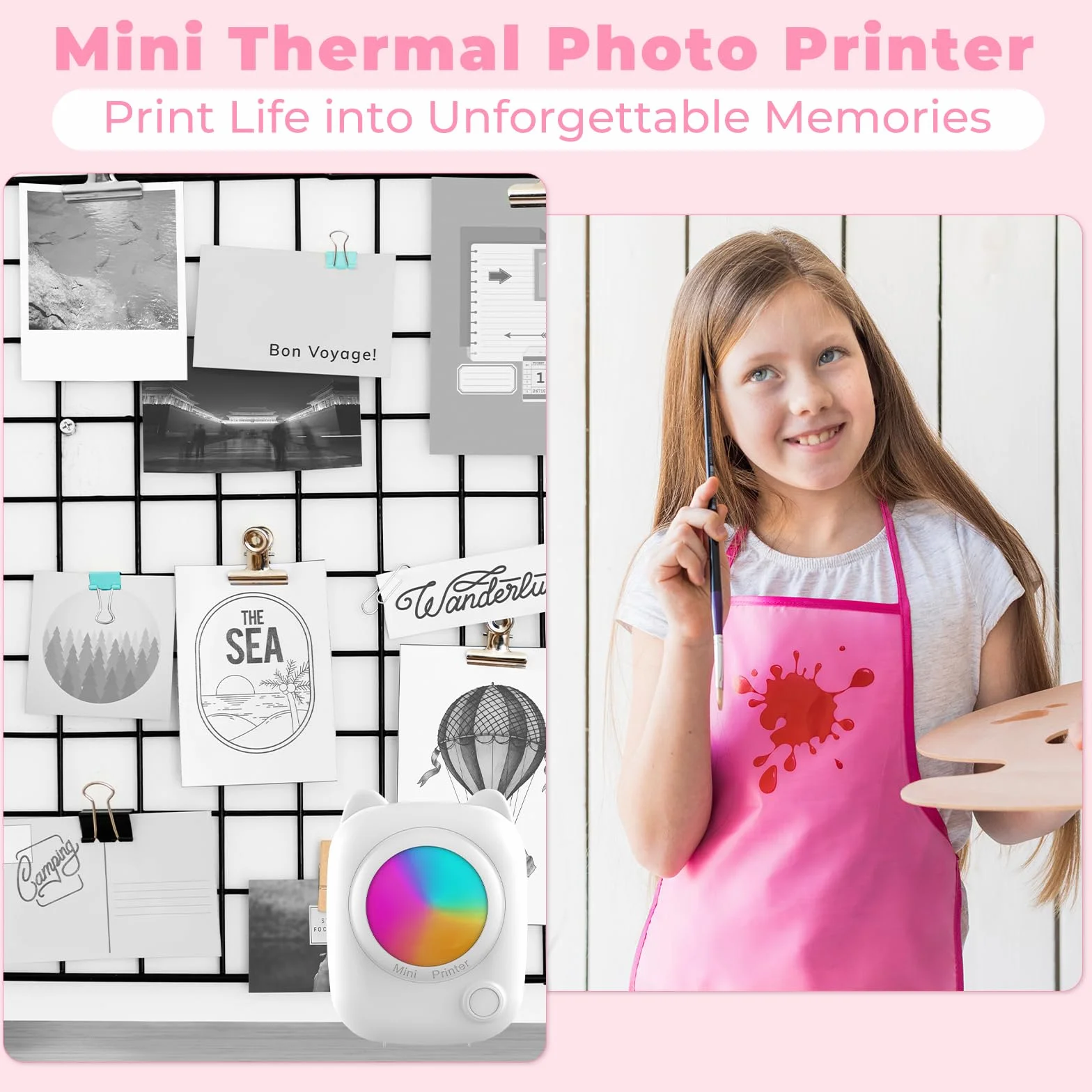 Mini Imprimante Photo Portable, Imprimante Thermique Instantanée sans Fil Bluetooth avec 14 Rouleaux de Papier pour iOS & Android
