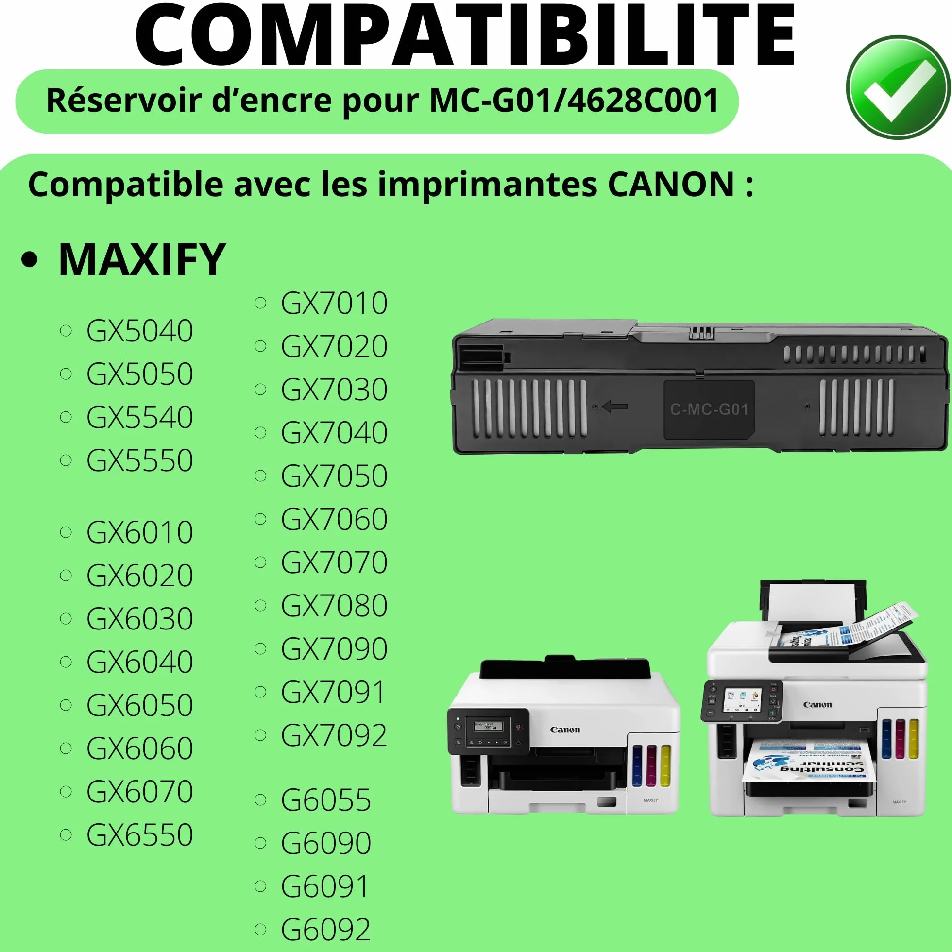 PHONILLICO Cartouche d'entretien réservoir d'encre Compatible Canon MC-G01 4628C001 Maxify GX6040 GX6050 GX7040 GX7050 GX5050 GX7090 Pack 1
