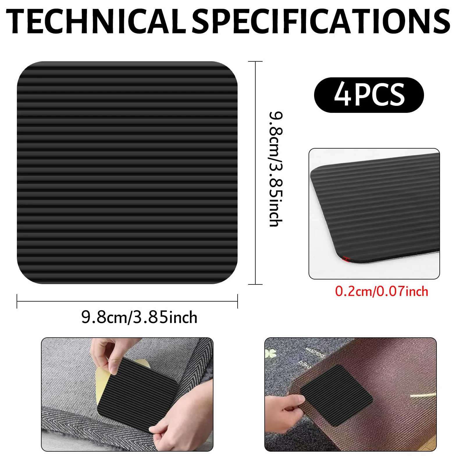 Vacuum Tech Rug Grippers Anti Derapant Tapis Lavable 4Pièces 10cm x 10cm Anti Glisse Réutilisable Cuisine Chambre Salon