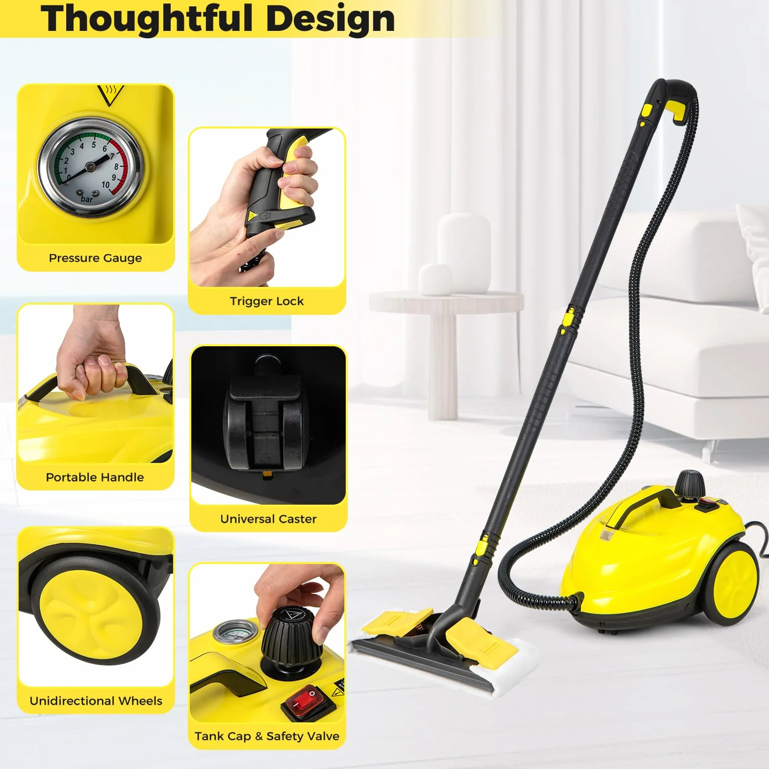 SOARS Nettoyeur Vapeur Puissant 2000W,14 Accessoires, Pression Max 5 Bar, Temp. 160°C, Chauffe Rapide 8 Min, Réservoir 1.8L, Pour Sol, Canapé, Cuisine, Surface 108 m² (Jaune)