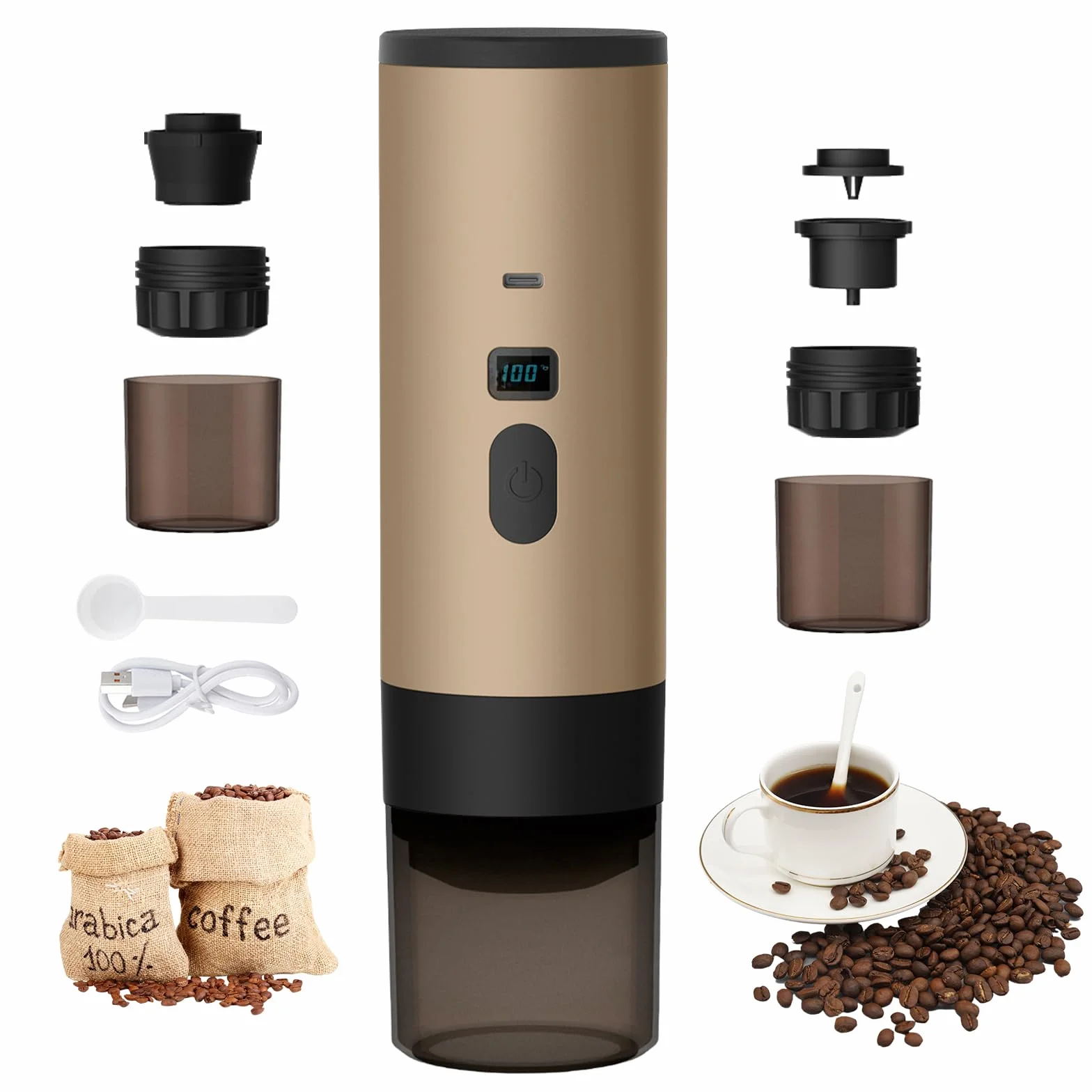 3 En 1 Machine à Cafe Portable, 72W CafetièRe Portable, 12V Expresso CafetièRe Rechargeable, USB CafetièRes Expresso à Capsules, RéServoir D'Eau 90ml, Pour Bureau Camping Voiture Voyage (Khaki)