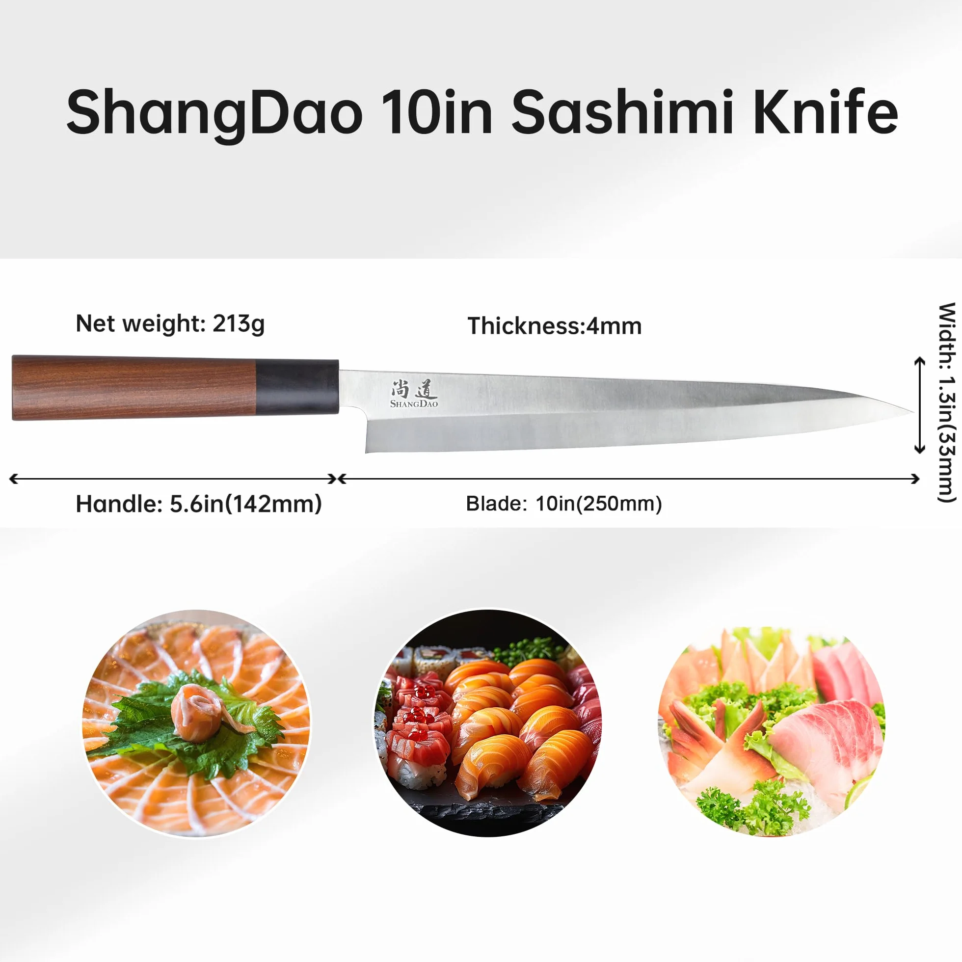 SHANGDAO Couteau à sushi Sashimi 10 pouces, couteau japonais Yanagiba pour couper les filets et trancher le poisson, acier inoxydable allemand de qualité supérieure et manche en bois traditionnel