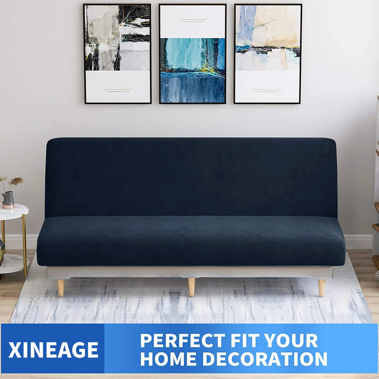 Housse de protection pour futon en velours, bleu marine, lavable en machine, antidérapante, fond élastique en Spandex