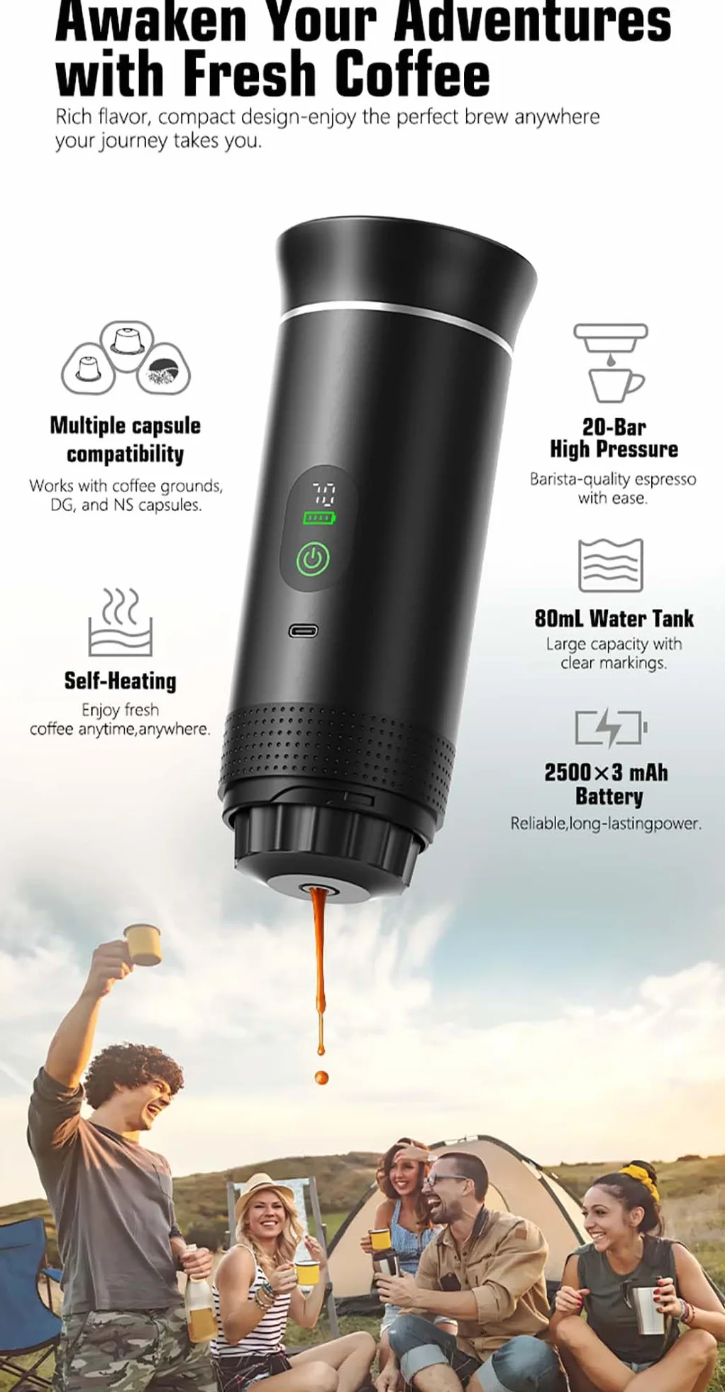 VHV Cafetière Portable 3 en 1,Rechargeable Cafetière Portable de Voyage,12V Expresso Machine a Cafe pour Capsule,Café Moulu,pour Camping,Voyage,Bureau,Voiture,Maison (Vert)