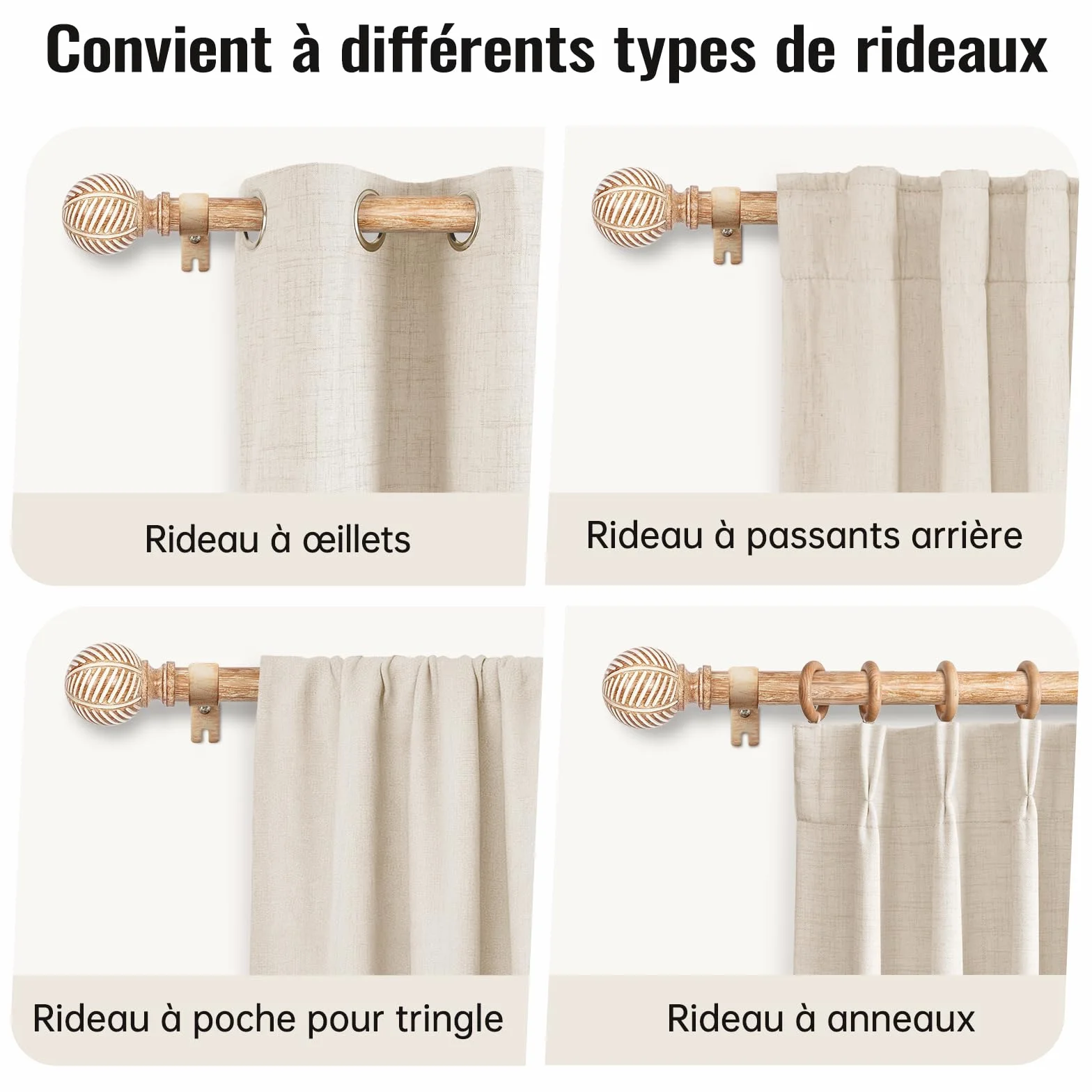 Tringle à rideaux en bois 76-219 cm 25 mm réglable motif imitation feuilles de céréales Brun