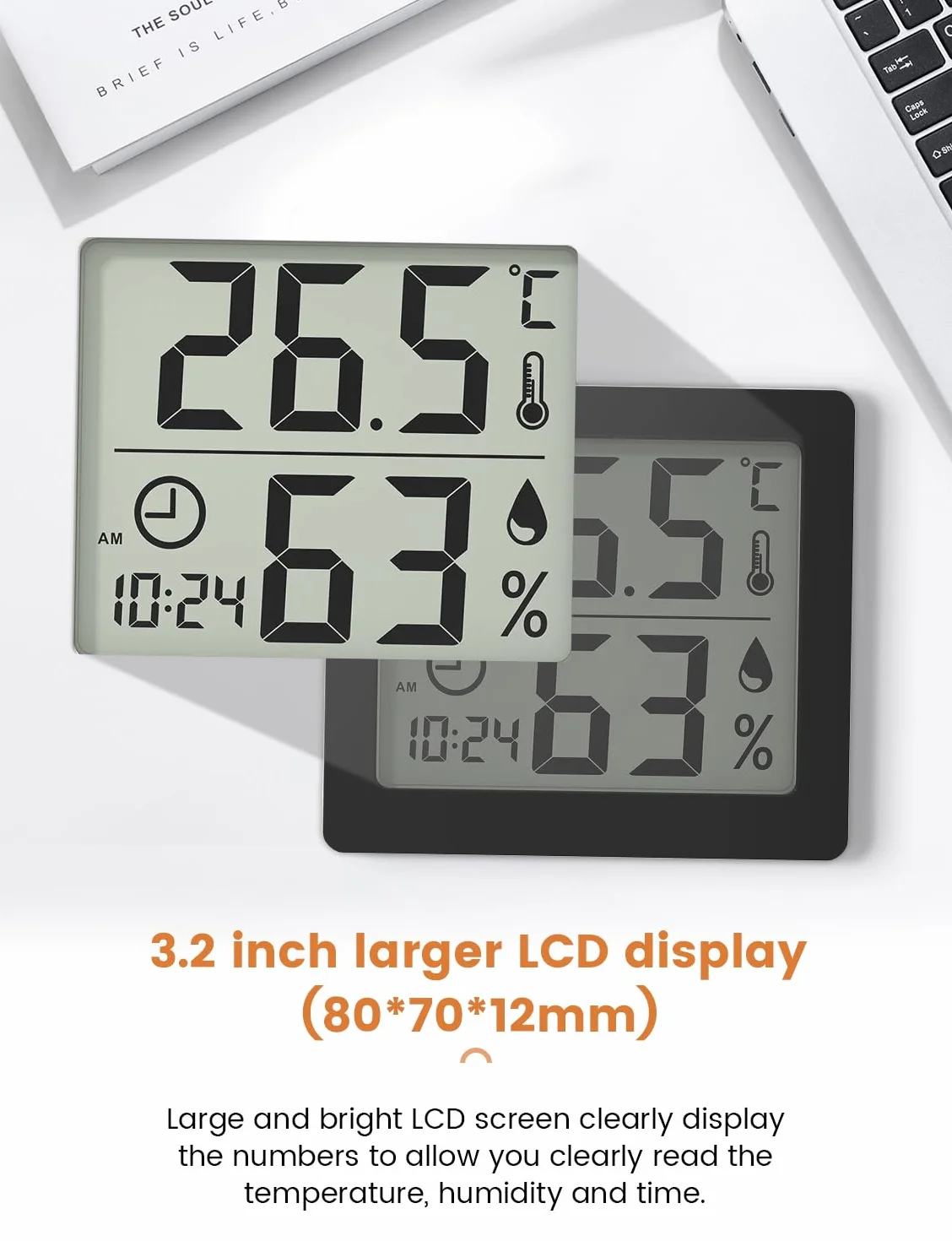 Thermomètre/Hygromètre Numérique Grand Écran LCD 3,1" Intérieur Moniteur Température Humidité avec Horloge Noir