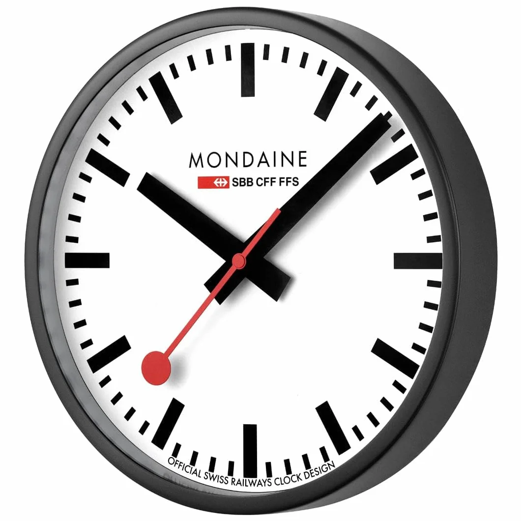Mondaine Horloge de Gare Suisse Officielle 25 cm Quartz Aluminium Noir Verre minéral trempé