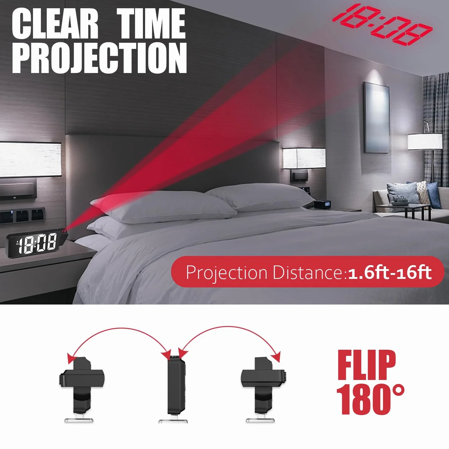 Réveil Projecteur Plafond 180° avec Température, 4 Niveaux de Luminosité, Horloge Numérique LED, Charge USB