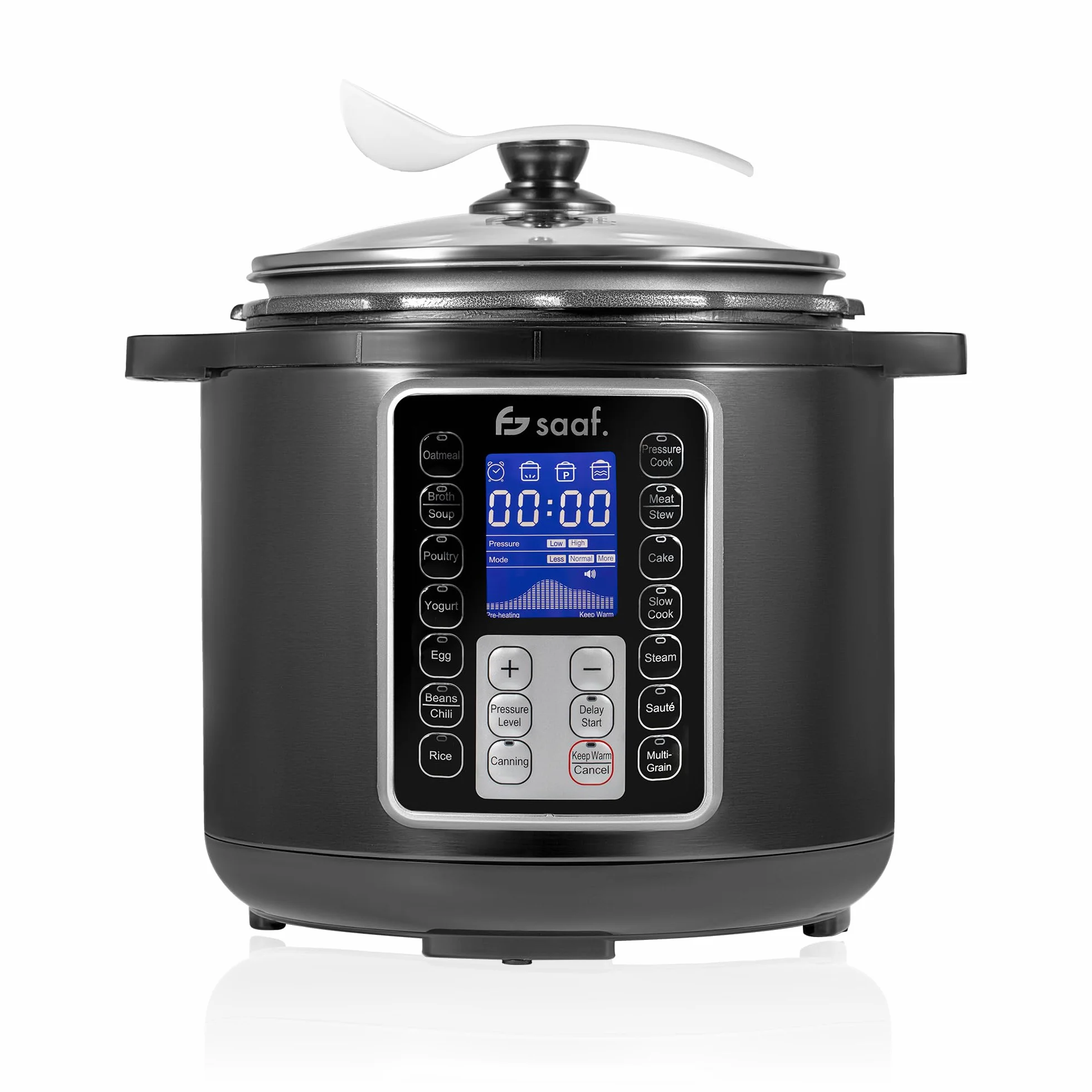 Saaf Multicuiseur – Set 11 Pièces – 12 Programmes – Slowcooker, Cuiseur à Riz, Vapeur & Cocotte-Minute – 6L – Avec Couvercle, Cuve, Cuillère, Verre Doseur & Livre de Recettes – Écran Digital