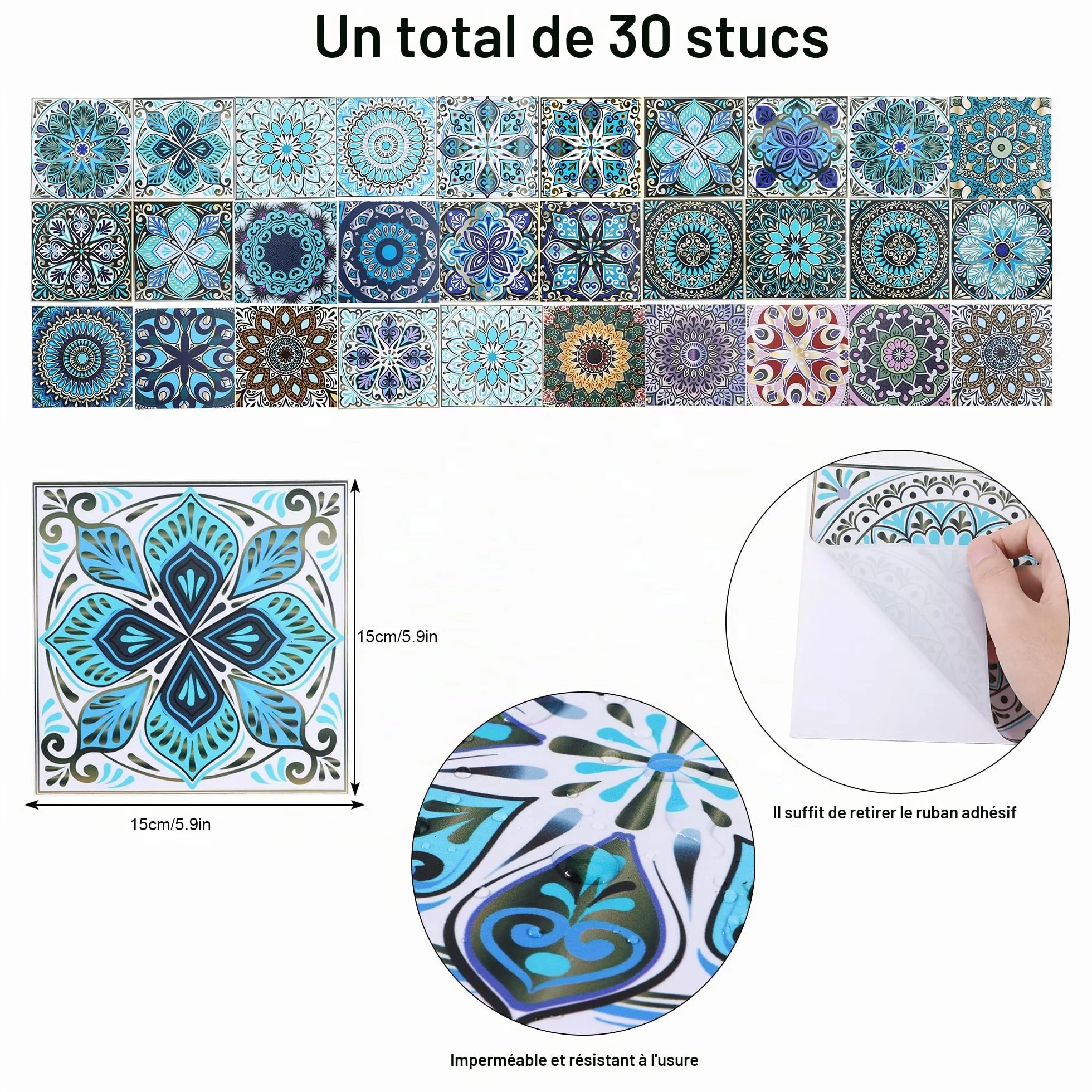 Autocollants Carrelage 30 Pcs 15x15 cm Étanches Cuisine Salle de Bain Escalier Intérieur Mosaïque