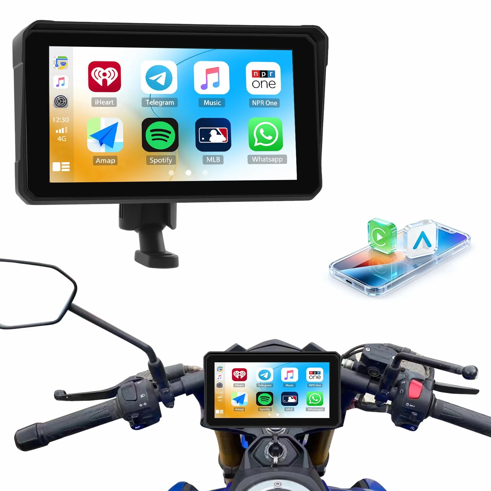 Carplay przenośny wyświetlacz motocyklowy Carplay, z systemem Android, bezprzewodowy, IP68, wodoszczelny, wyświetlacz GPS CarPlay, kompatybilny z Bluetooth, Mirrorlink, Siri