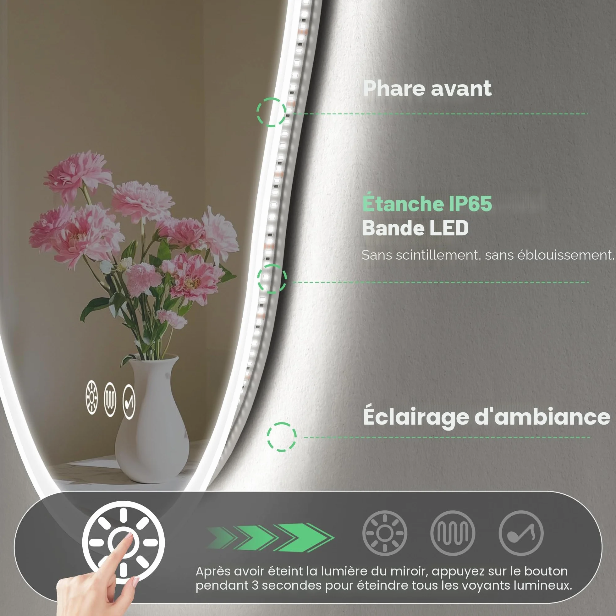 S'bagno Irrégulier Miroir Salle de Bain avec Eclairage 70x100cm, Bluetooth Miroir LED Salle de Bain, Anti-buée, 3000K-6500K, Dimmable, Mémoire, IP44 Miroir Lumineux Salle de Bain, Horizontal/Vertical