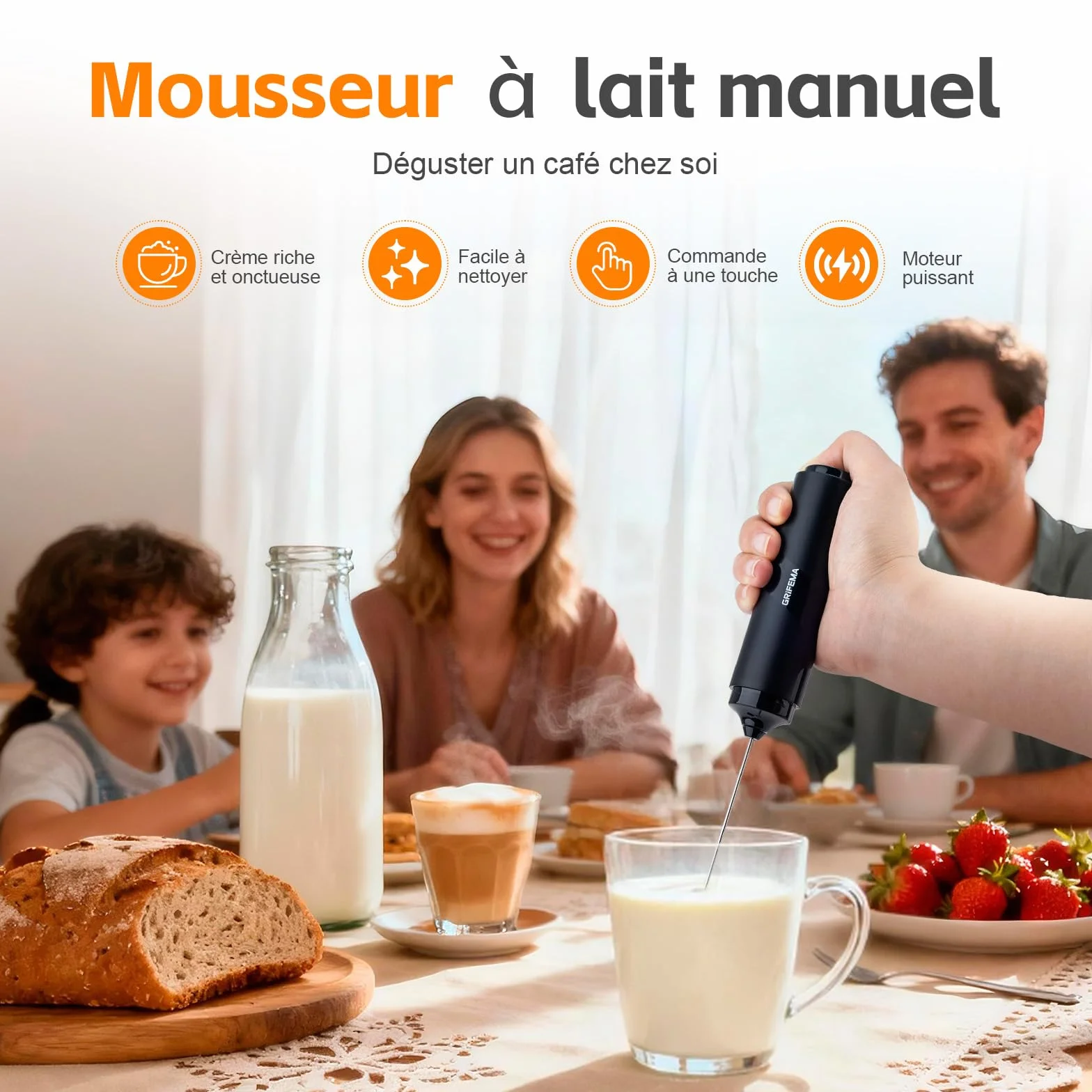 Mousseur à Lait Électrique 13 000 tr/min, Fouet Mini sans BPA, Piles, GRIFEMA