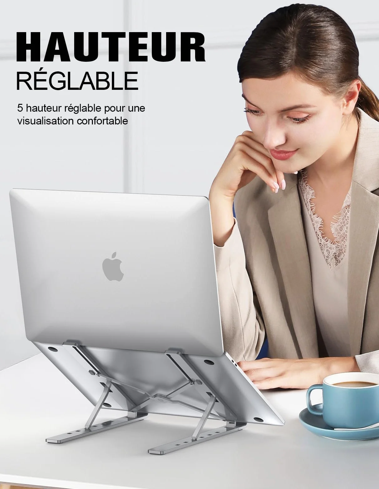 Support Ordinateur Portable Réglable 5 Niveaux, Refroidisseur Aluminium Ventilé pour MacBook Lenovo 10"-15.6"