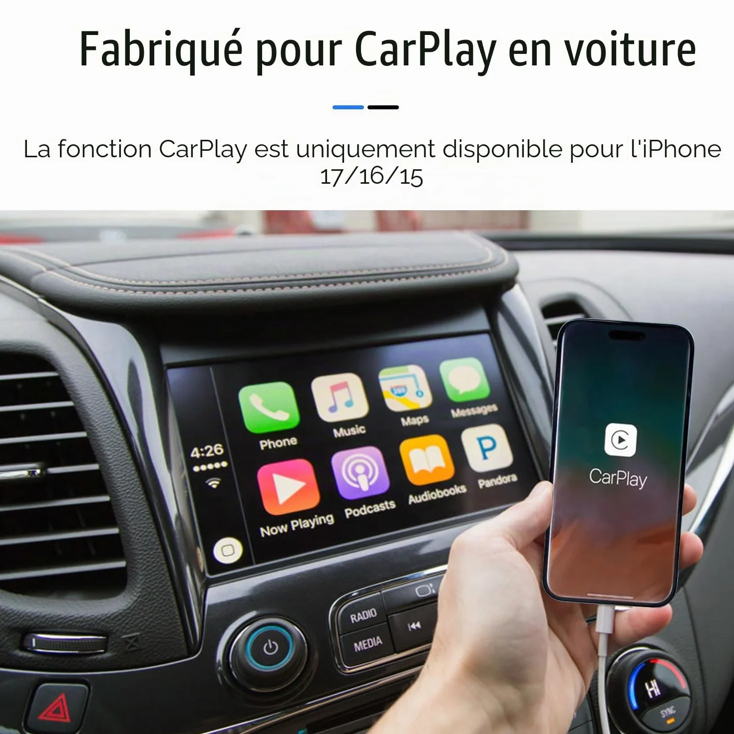 Câble de charge Carplay USB A vers USB C pour iPhone 16/17/15 Pro Max AirPods iPad