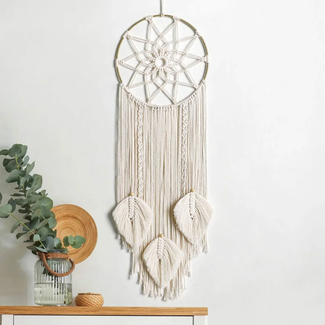 Attrape-rêves en macramé Décoration murale Art mural tissé à la main bohème Cercle métallique Beige