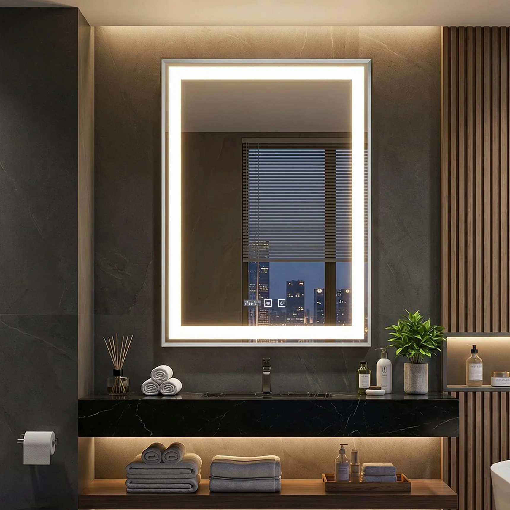 YOURLITE Miroir de Salle de Bain avec Éclairage LED 50x70cm, Fonction Antibuée Étanche Ip44 Lumière Chaude,Naturelle et Froide,Luminosité Réglables, avec Affichage Heure et Température