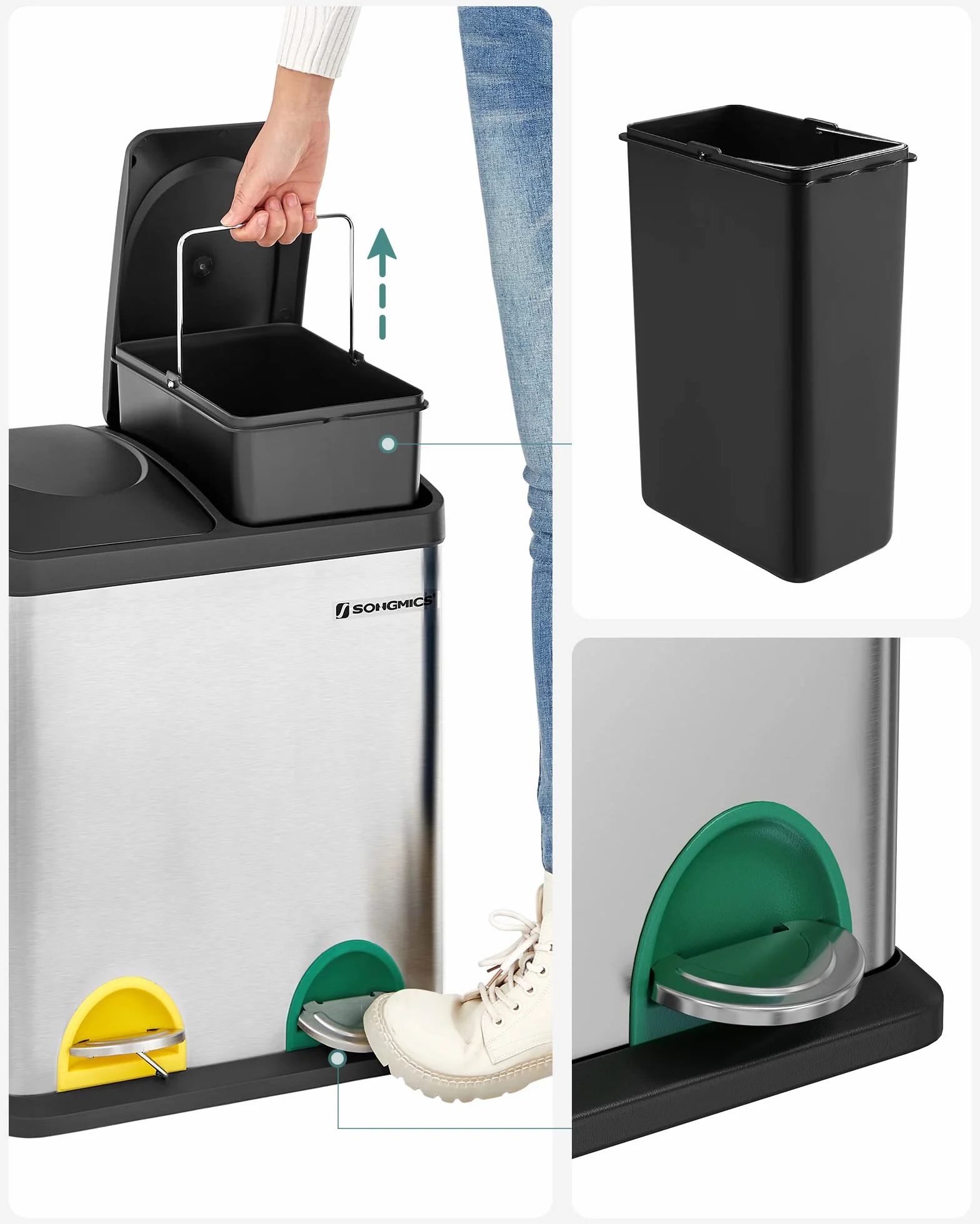 SONGMICS Poubelle de recyclage 30 L, seau de tri avec pétales, acier, 2 x 15 L, seau intérieur amovible, argent et noir LTB30L