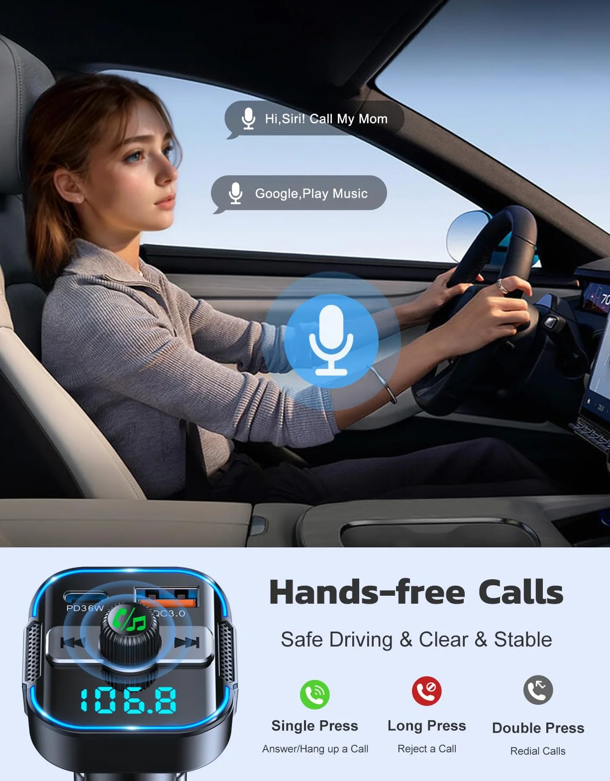 Glangeh 2026 najnowszy adapter samochodowy Bluetooth 5.3 【PD 36W+QC3.0 18W】, nadajnik FM Bluetooth 2 w 1 【Podwójne silniejsze mikrofony】 i szybka ładowarka samochodowa, bezprzewodowy adapter wejścia