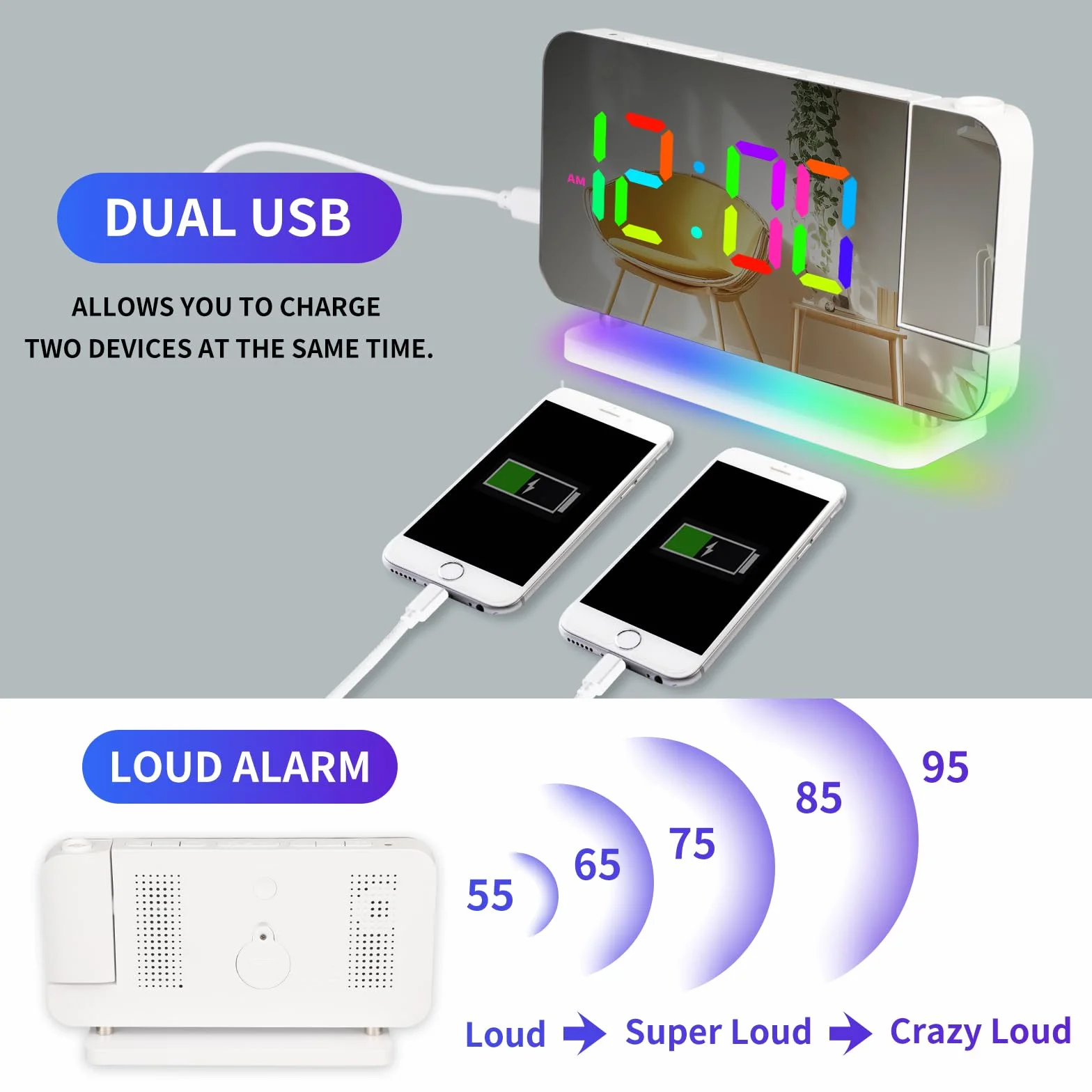 Horloge Projection Numérique LED RGB Réveil Lumière d'Ambiance 7 Couleurs avec Adaptateur