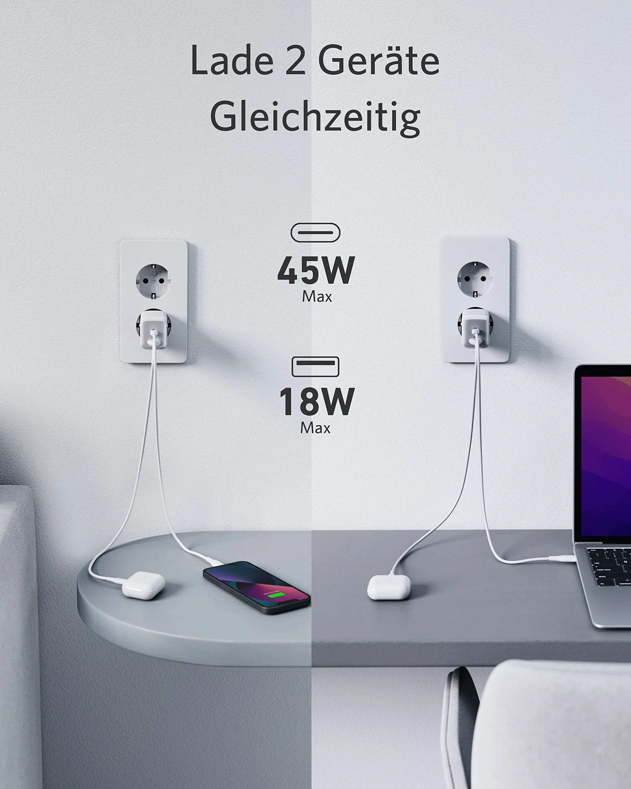 Anker Ładowarka USB-C 725, kompaktowy zasilacz 65 W, 2-portowy, nadaje się do MacBook Pro/Air, iPad Pro, Galaxy S22+/S21, Dell XPS 13, Note 20/10+, iPhone 16/Pro, Pixel i wielu innych