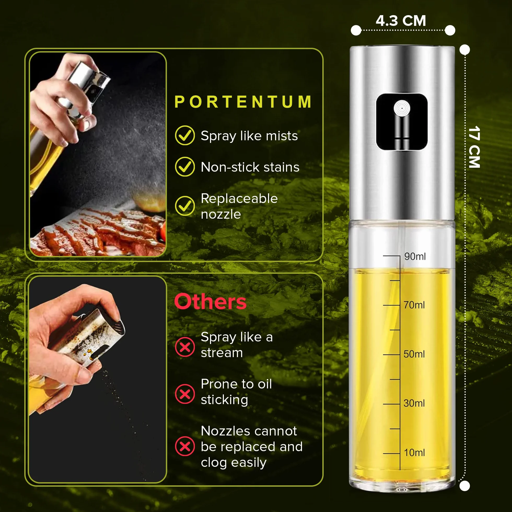 PORTENTUM Pulvérisateur d’Huile 100 ml Inox Huile Spray Cuisine Friteuse Air Huilier Verre Antigoutte