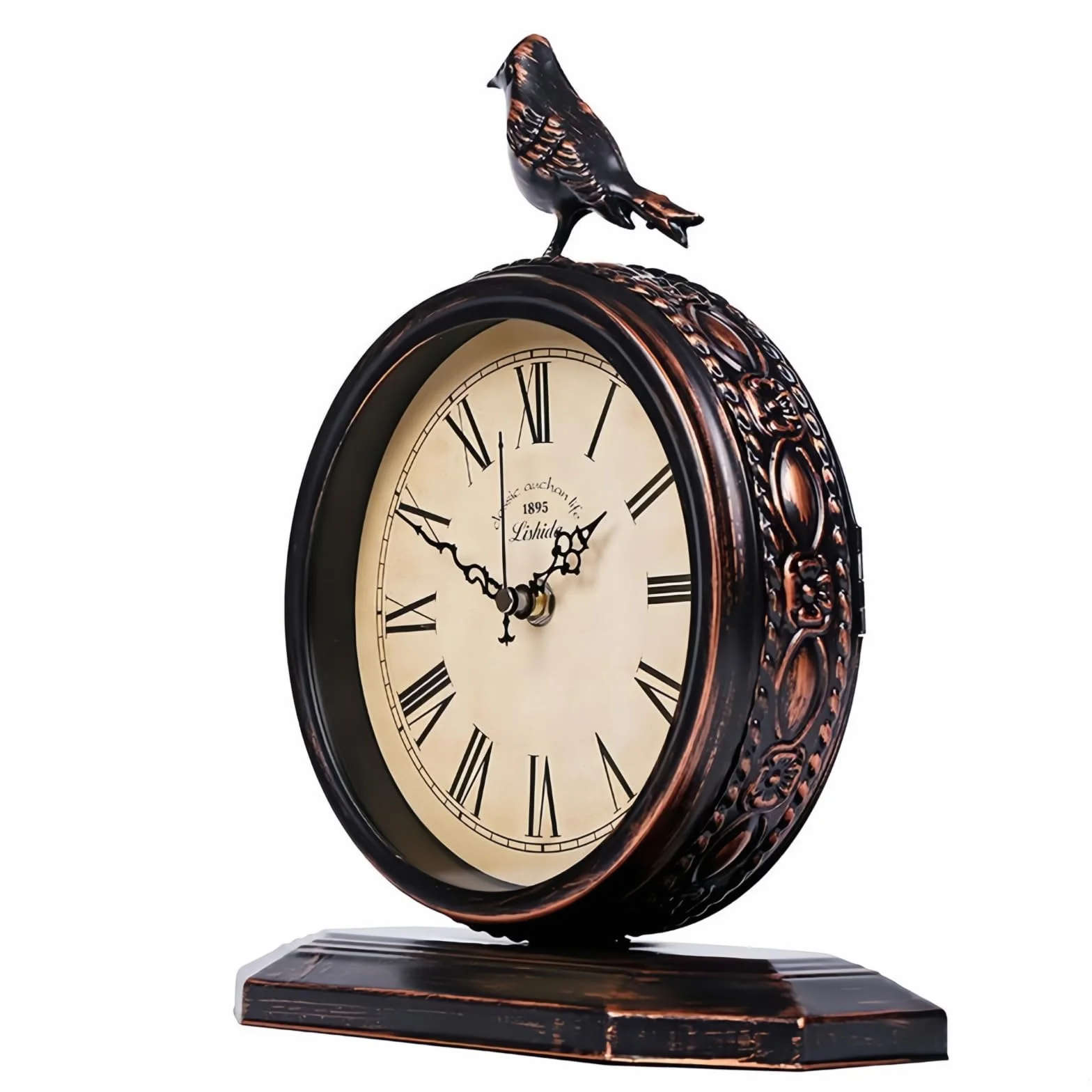 Horloge de Cheminée Antique 20,3 cm Métal Silencieuse Décorative avec Oiseau