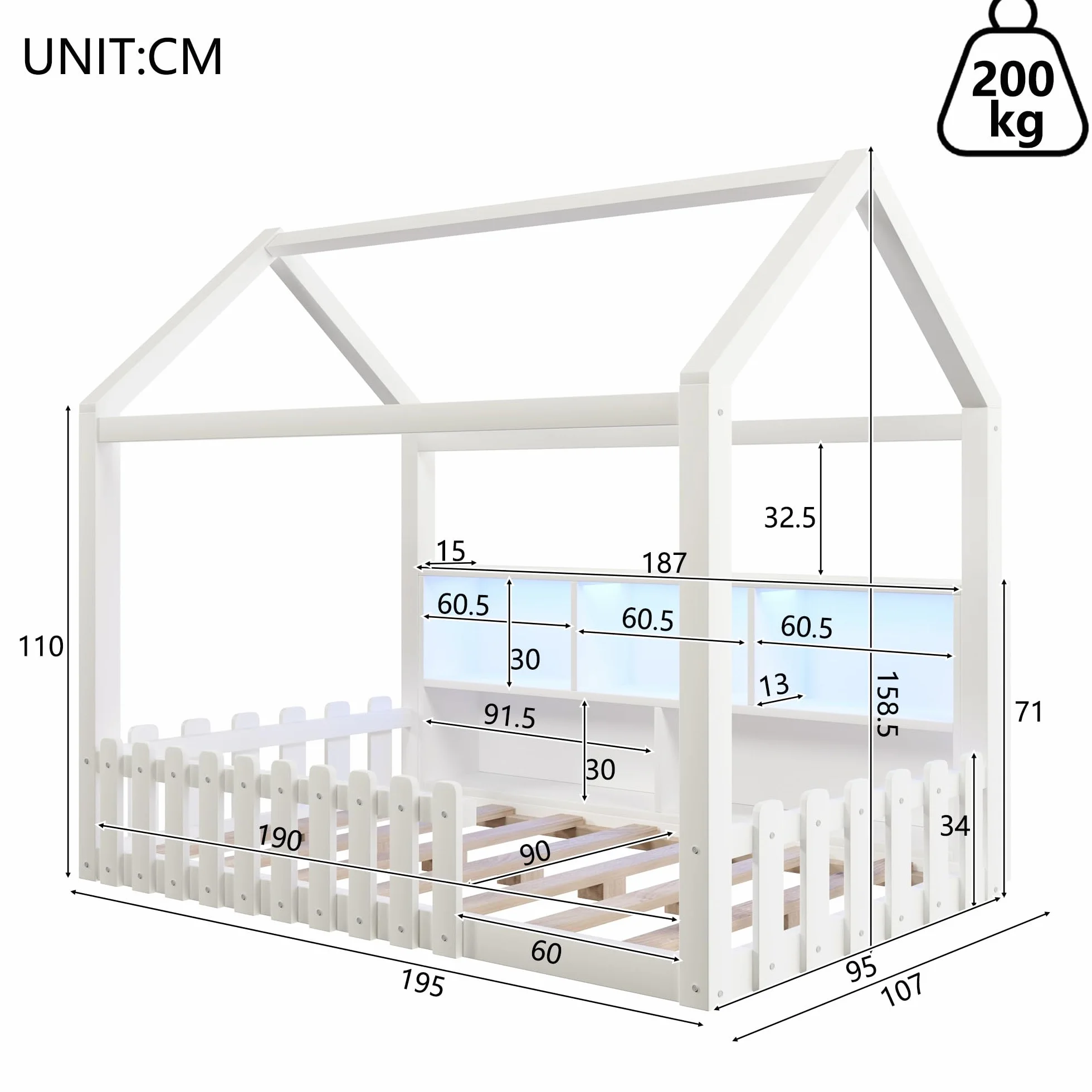 Sapgaks Lit Enfant avec éclairage LED,barrière de sécurité,Compartiments de Rangement Ouverts,lit cabane Enfants 90x 190 en pin,Cadre de lit 90 x 190 avec sommier à Lattes (Blanc 90x190)