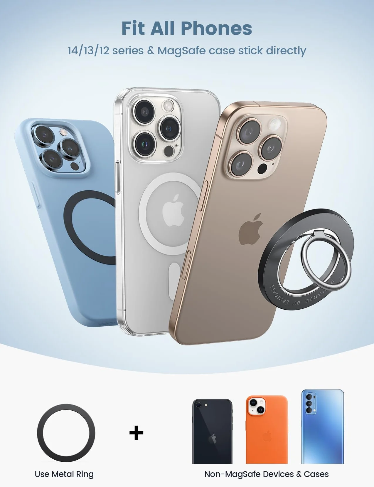 Magnetyczny Pierścień Uchwyt dla Telefonu na Mag-Safe - Lamicall obracalny o 360°uchwyt telefonu [Zdejmowalny i bezprzewodowo ładowalny] dla iPhone 16 15 14 13 12 Series, Inne z Płatą Żelazną -Czarny