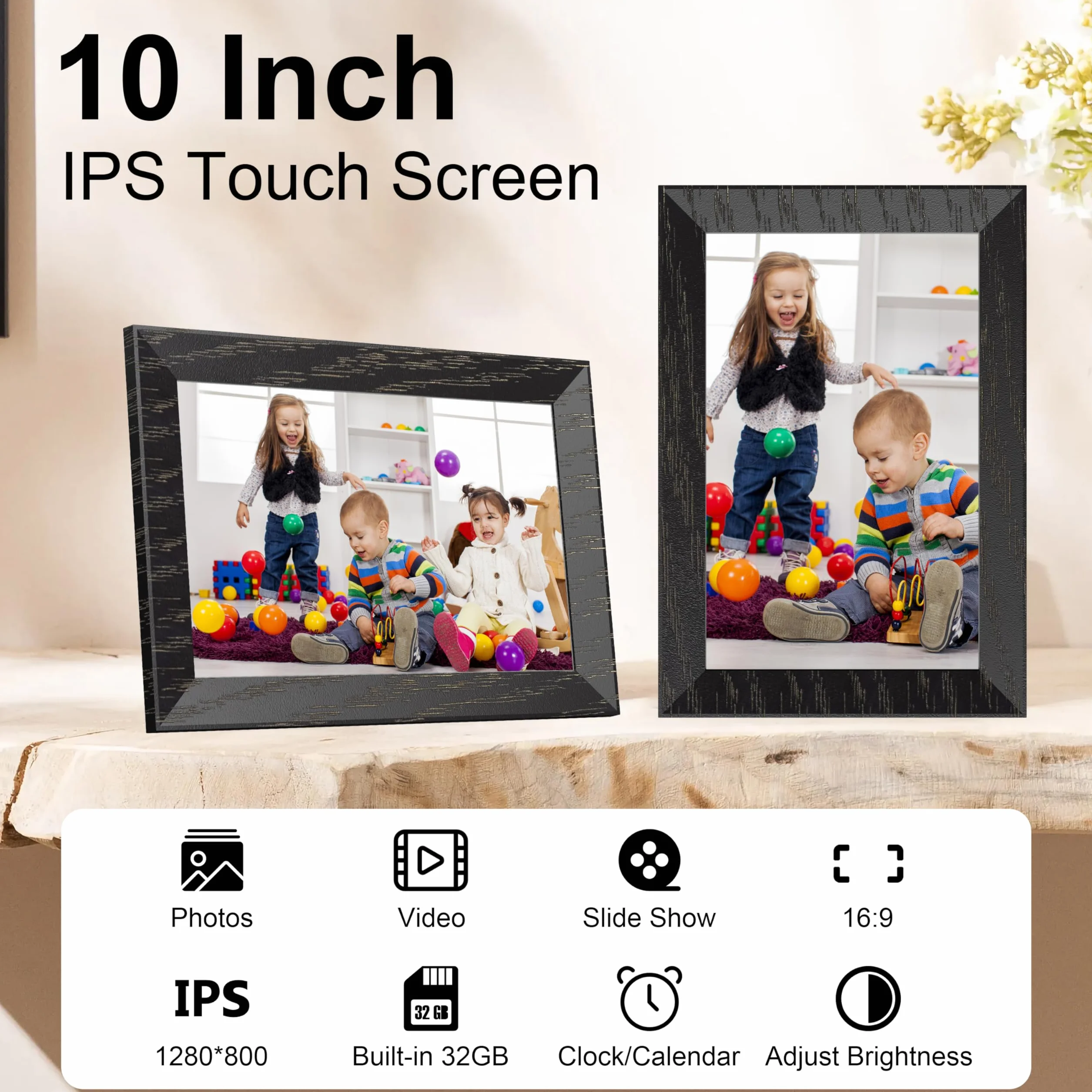 10.1-calowa cyfrowa ramka zdj?? Wi-Fi, 1280 x 800 IPS Cyfrowa ramka obrazu dotykowego, 16G Walnut Brown, udost?pnij zdj?cia lub filmy za po?rednictwem aplikacji Uhale(bez baterii)