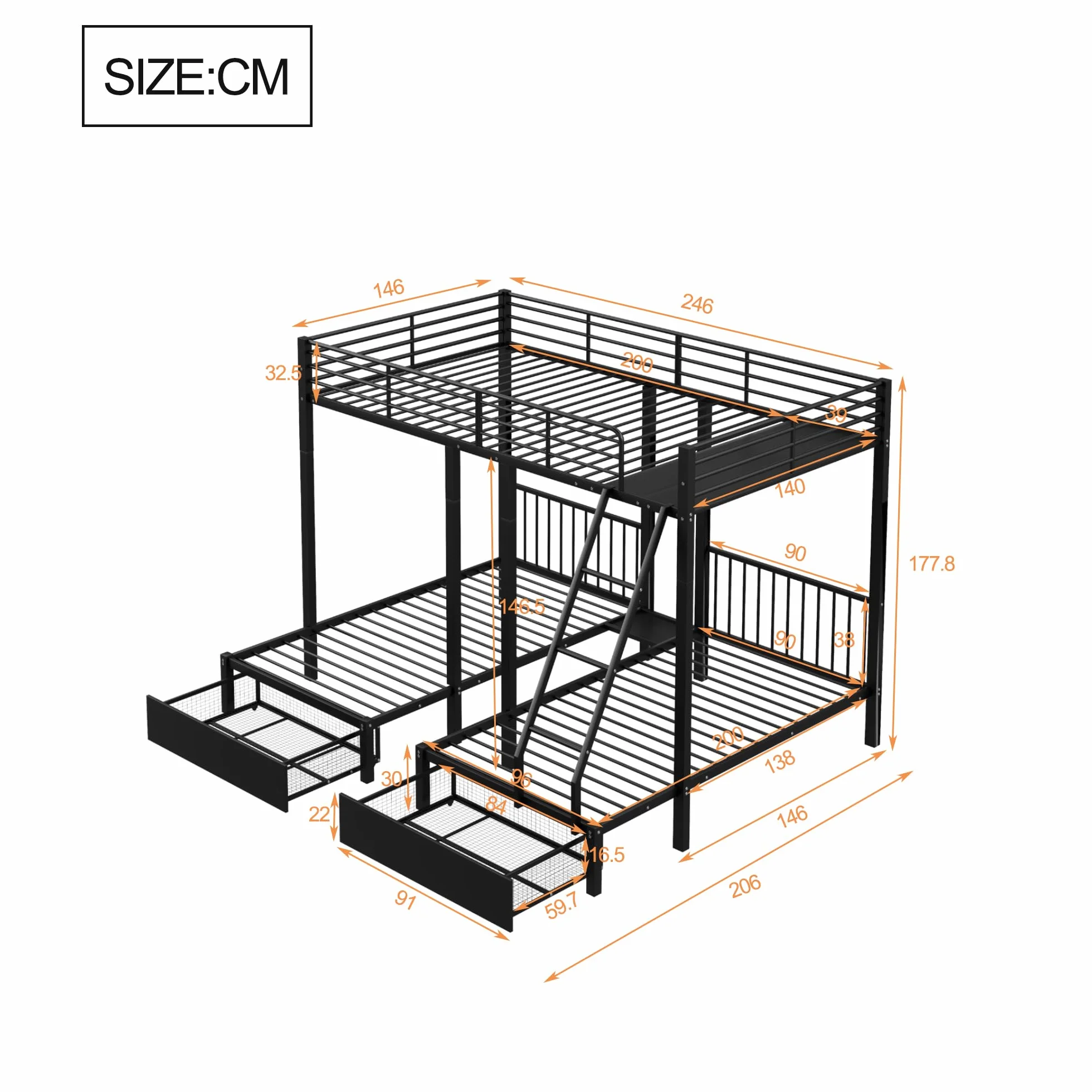 Sapgaks Lit superposé Triple avec tiroirs, lit Enfant,Convertible en Un lit Double 140 x 200 et Deux Lits Simples 90 x 200, lit Multifonctionnel avec Cadre métallique (Noir)