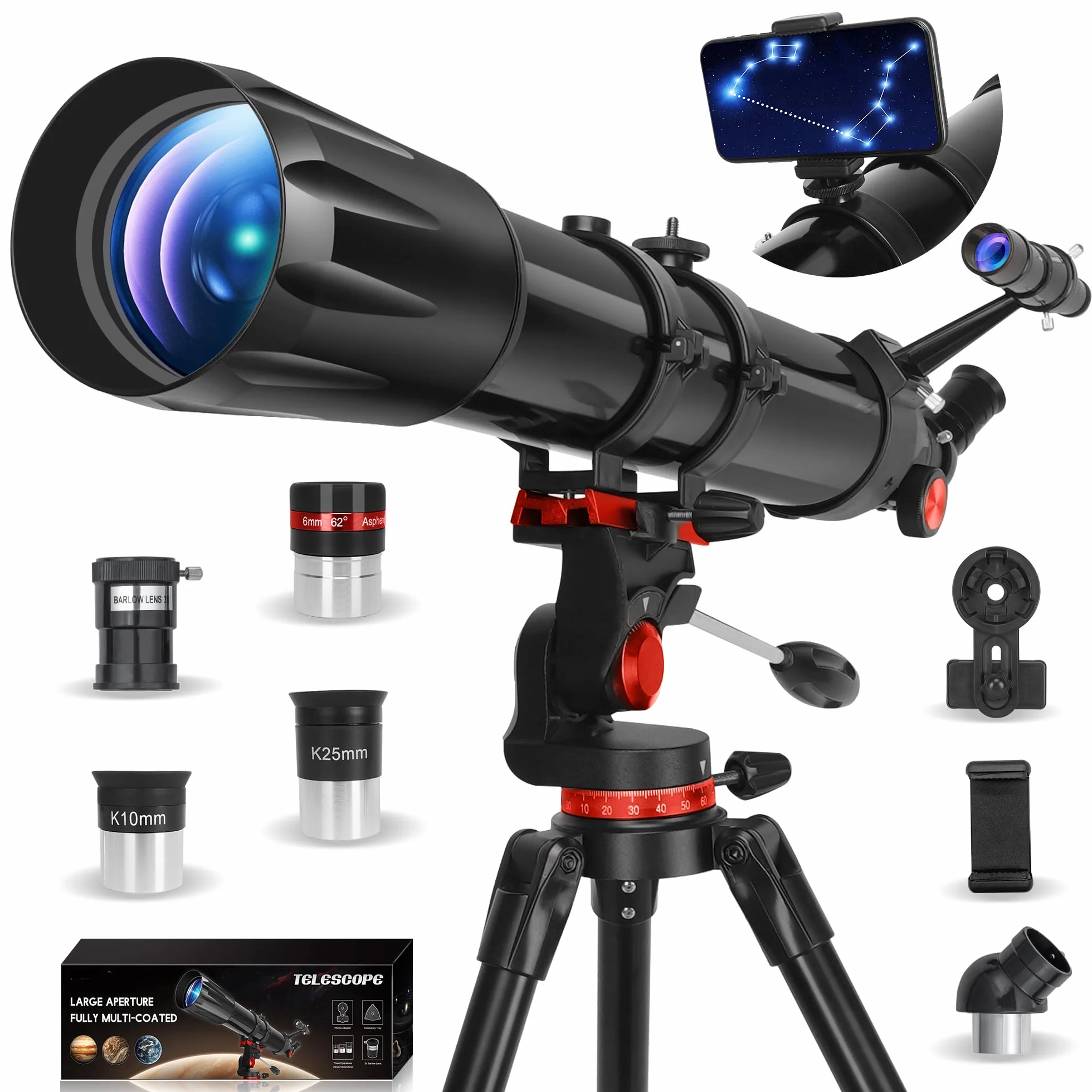 HETEKAN Teleskop, profesjonalny teleskop astronomiczny, 90/900 mm (36X-450X) refraktor dla dorosłych dzieci i początkujących, do obserwacji planetarnych, z adapterem do telefonu komórkowego