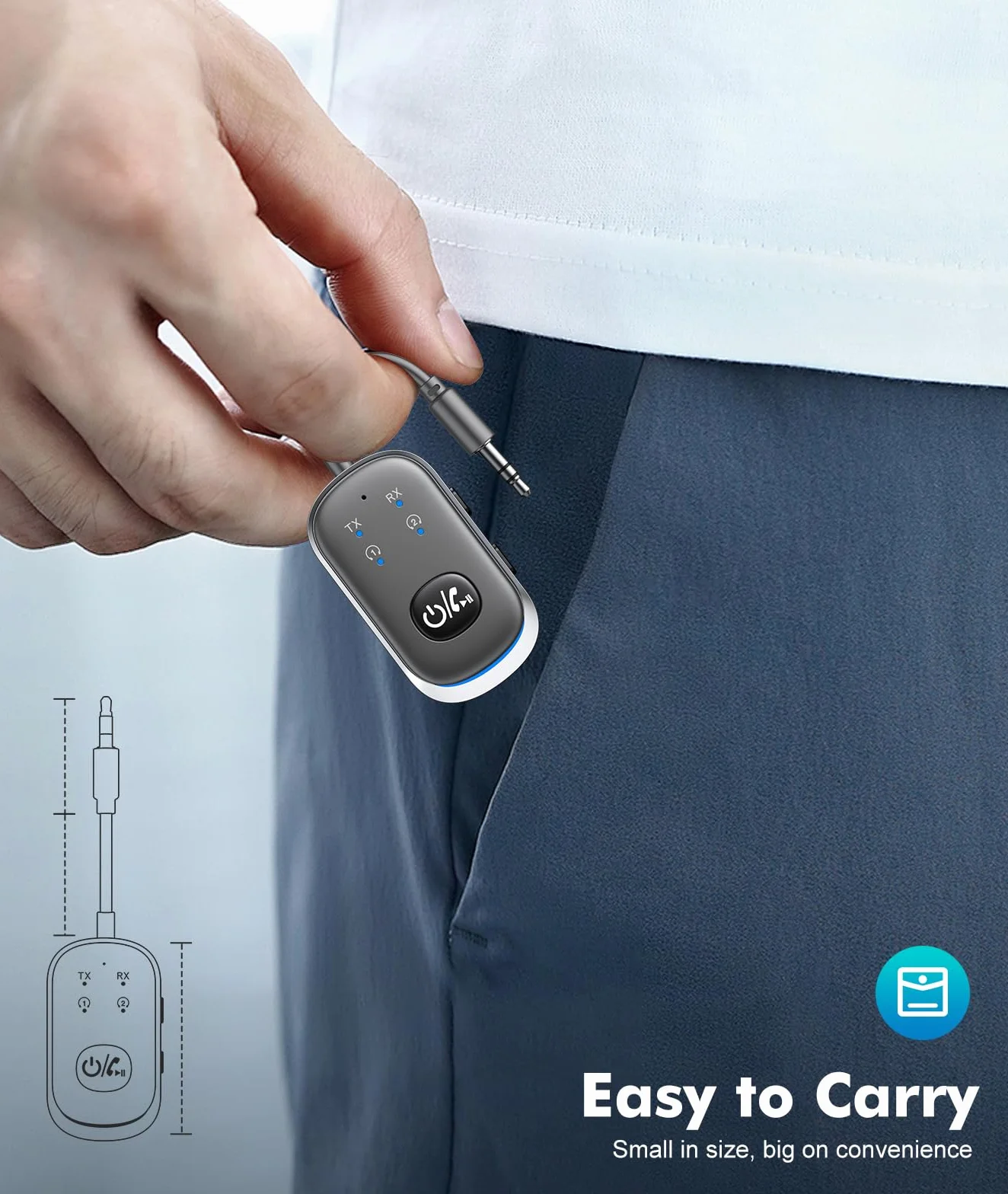 Mohard Bluetooth 5.3 Audio, Nadajnik Bluetooth Odbiornik AUX Bluetooth 5.3 Car Handsfree Dual Pair do AirPods i Słuchawek, 3.5mm Jack Audio Adapter w samolocie, Dom/Samochód Stereo, PC/TV/Głośniki