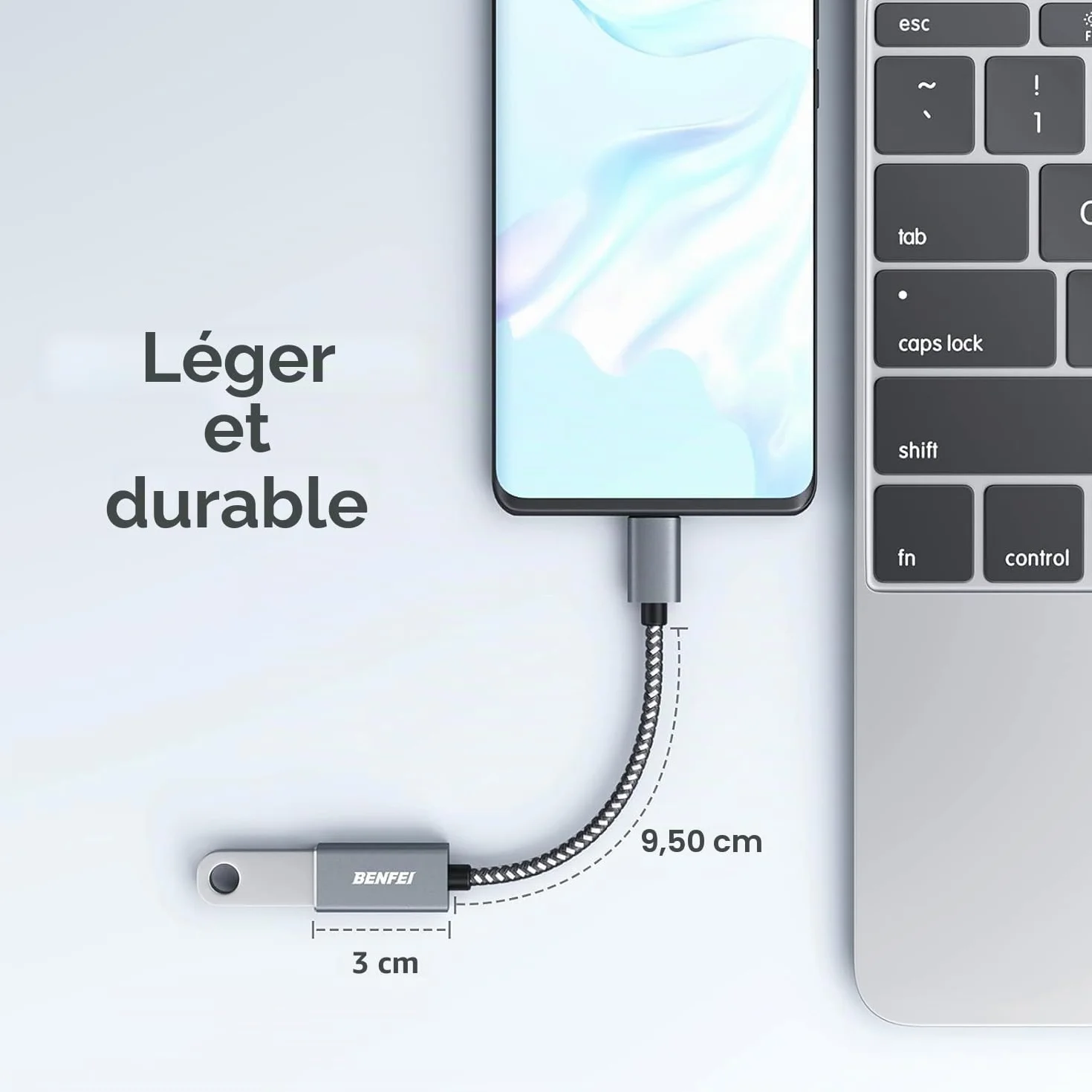 BENFEI Adaptateur USB C vers USB 3.0 Pack de 2, Type-C vers USB, Aluminium, Nylon, Compatible iPhone 16/15 MacBook Samsung Galaxy S8/S9, Gris