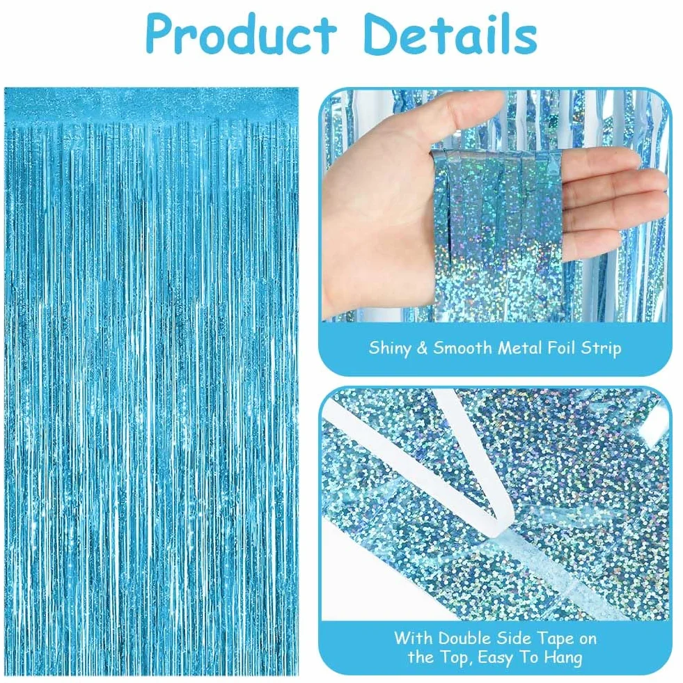 OFFCUP Rideau Métallique de Frange Bleu Clair 1m x 2m Aluminium Brillant Décoration Fête Mariage Anniversaire Photobooth