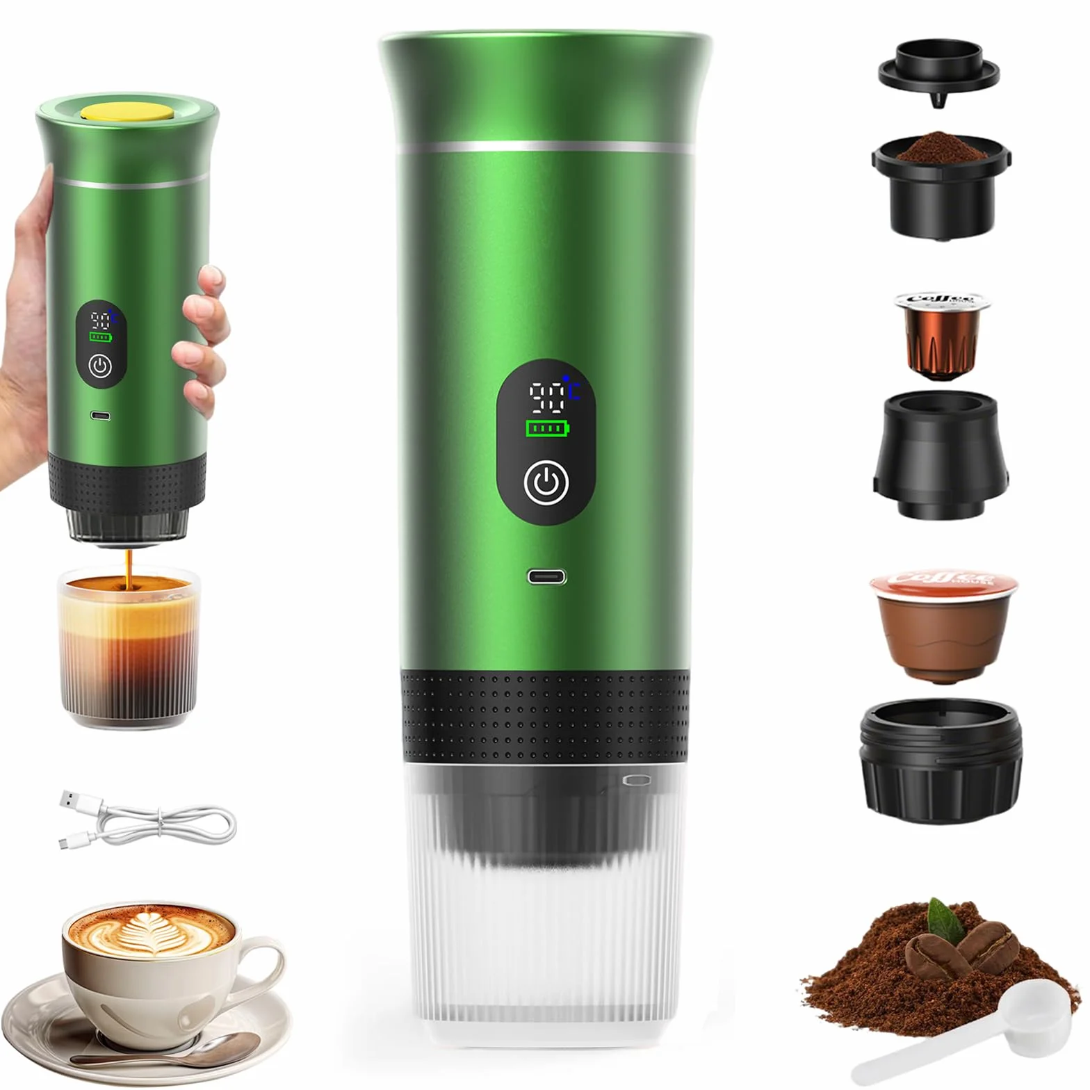 VHV Cafetière Portable 3 en 1,Rechargeable Cafetière Portable de Voyage,12V Expresso Machine a Cafe pour Capsule,Café Moulu,pour Camping,Voyage,Bureau,Voiture,Maison (Vert)