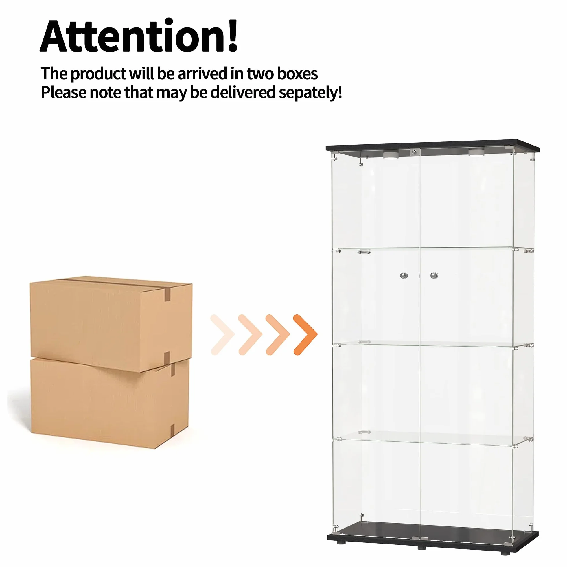 Vitrine en Verre avec LED 164x80.5x36.5cm, Armoire de Collection avec 2 Portes et 4 étagères en Serrure, Transparent pour Le Bar, Curio, Salon, Noir