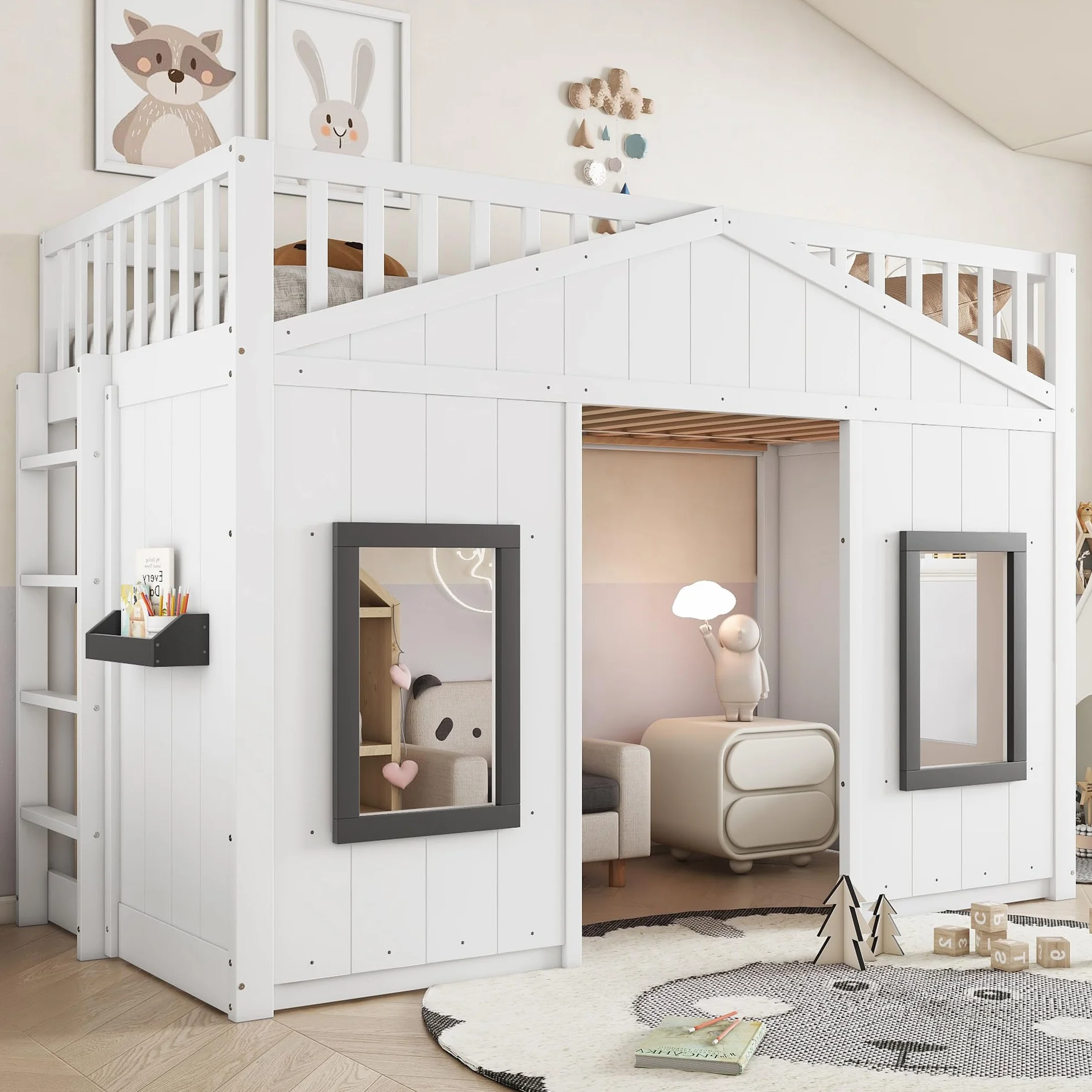 Lit cabane Enfants 90x200 avec Escalier, Lit Enfant avec Fenêtre et Rangement Sous le Lit Modulable, Lit Superposé Enfant Simple avec Barrière Anti-Chute et Rambarde, Structure en pin et MDF, Blanc
