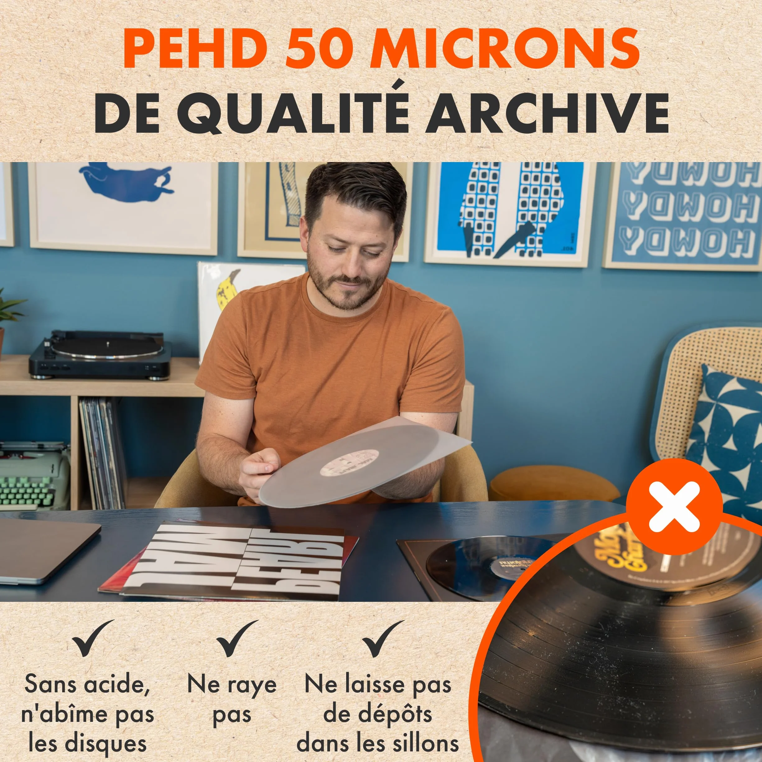 Spincare Pochettes Intérieures Antistatiques Vinyles 33 Tours 12 Pouces HDPE Premium