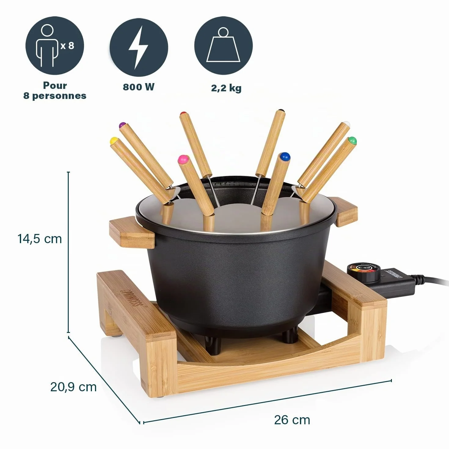 Princess Service à fondue 1,5 L pour 8 personnes – Design en bambou, caquelon antiadhésif, thermostat réglable, 8 fourchettes incluses, polyvalent, facile à nettoyer