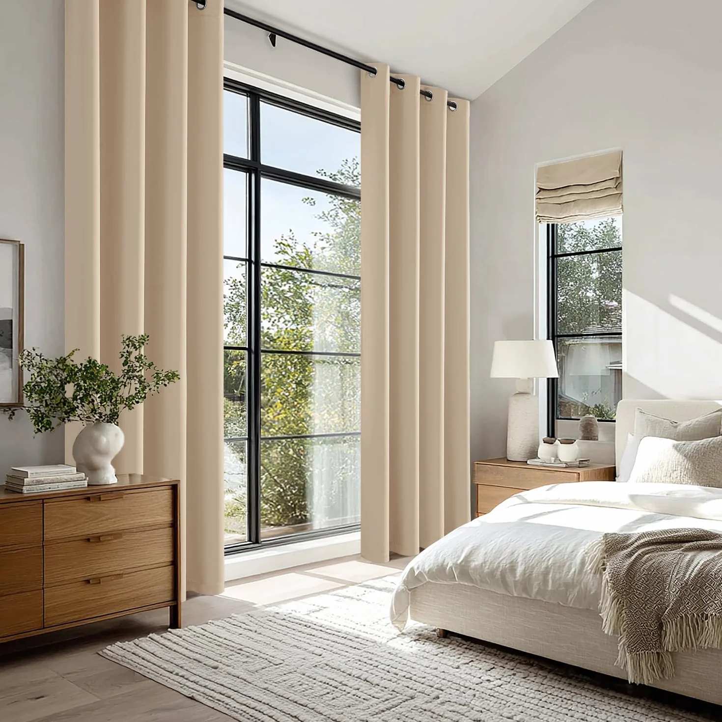 EMEMA Rideau Occultant Beige à Œillets 140x225 CM Lot de 2 Rideaux Thermiques Anti Chaleur Salon Chambre