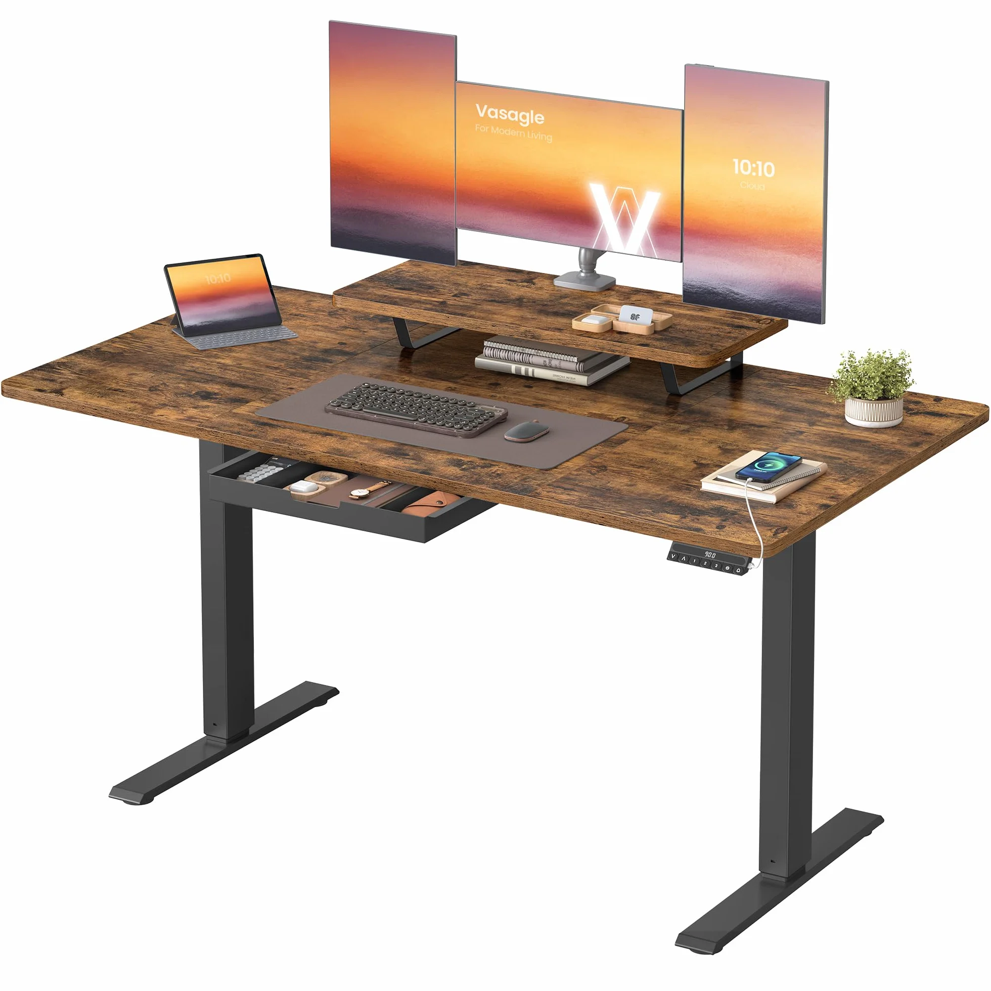 VASAGLE Bureau Électrique Réglable en Hauteur 140 x 70 cm Support d'Écran à Montage Flexible Tiroir Port USB-C Marron Rustique
