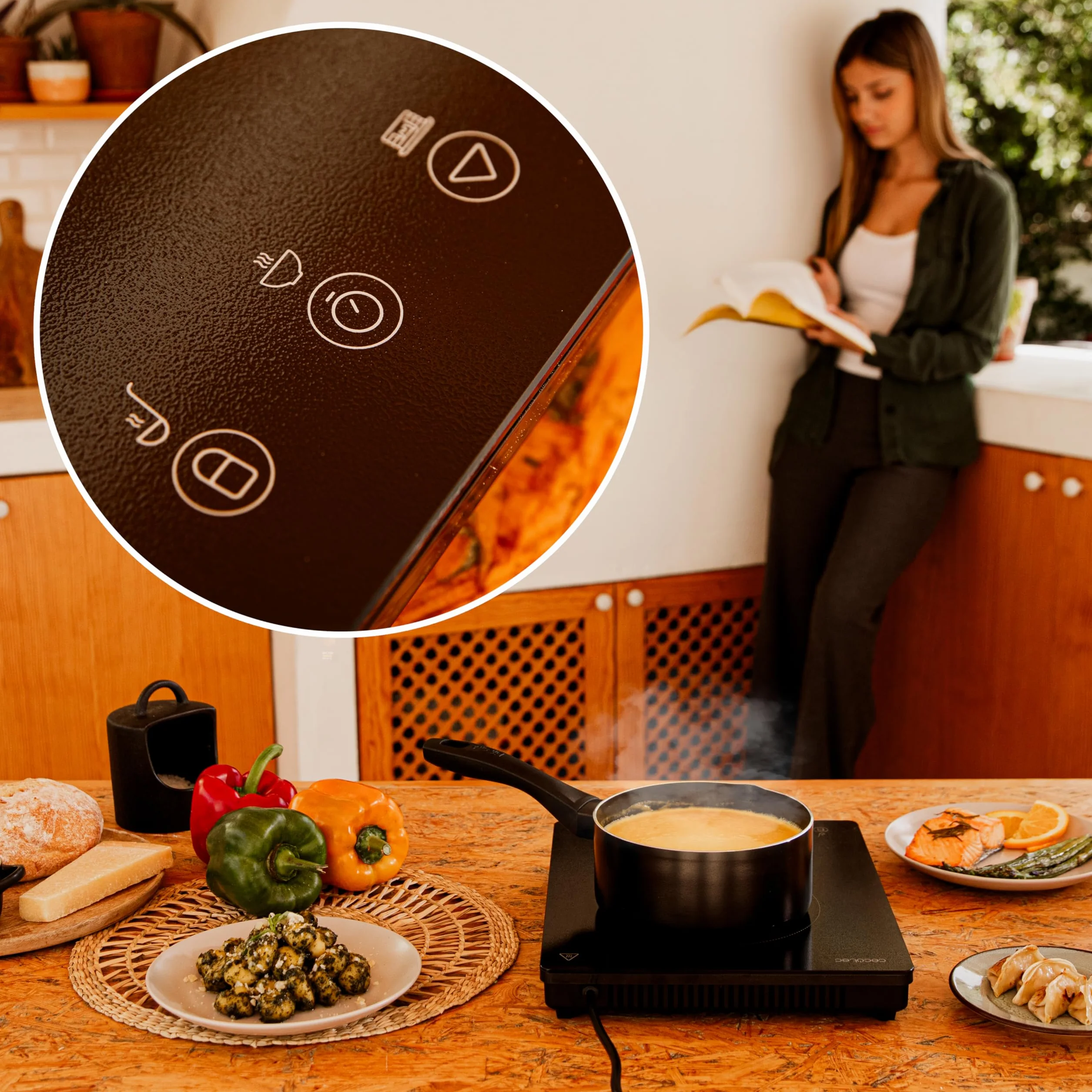 Cecotec Plaque à Induction Portable 1 Feu Full Magma Slim. Puissance de 2000W réglable sur 8 niveaux, design en verre haute résistance, écran tactile, minuterie, facile à nettoyer