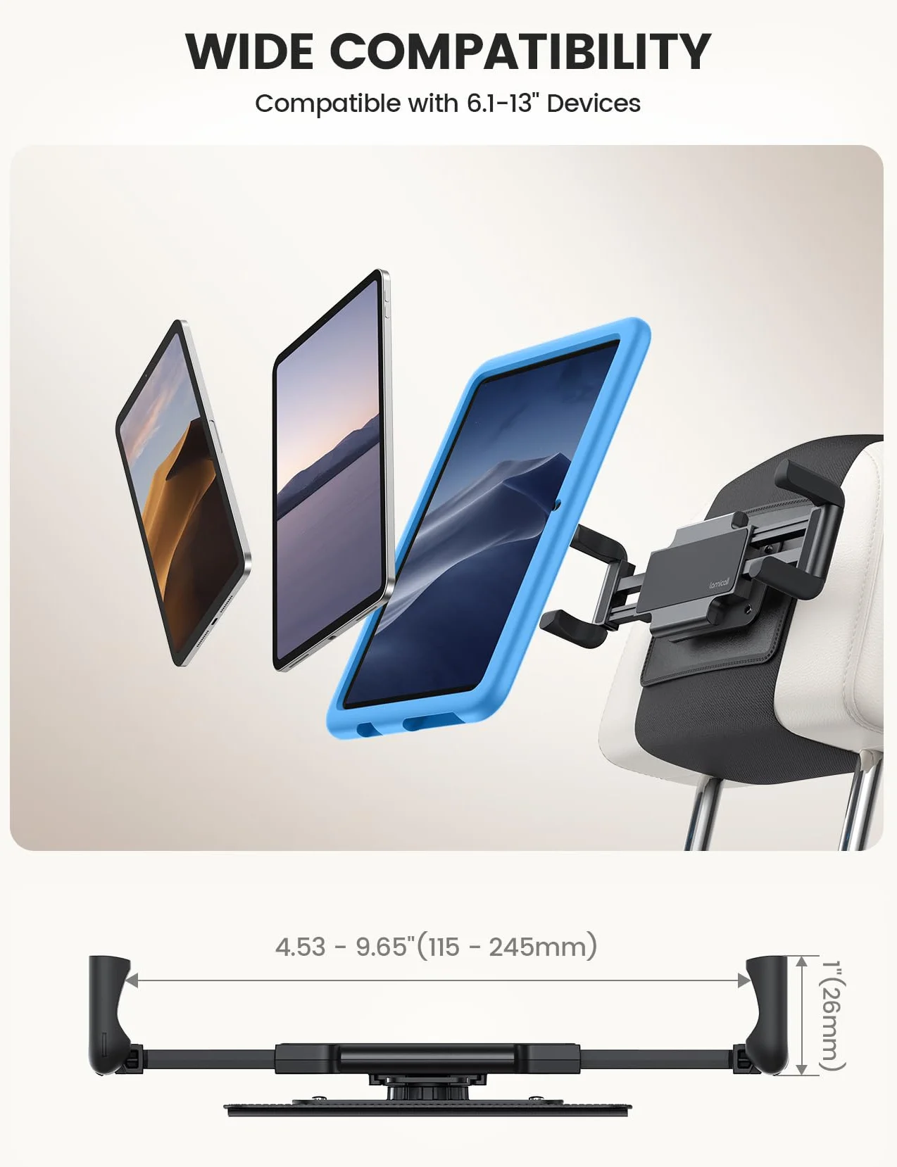 Lamicall 2 Sztuki Uchwyt na Tablet do Samochodu na Zagłówek - [Składany Gruby Zacisk] 360° Obrotu Uchwyt Samochodowy Tablet, Uchwyt na iPad do Samochodu na Zagłówek dla iPad Pro, Air, Mini, 6,1-13”