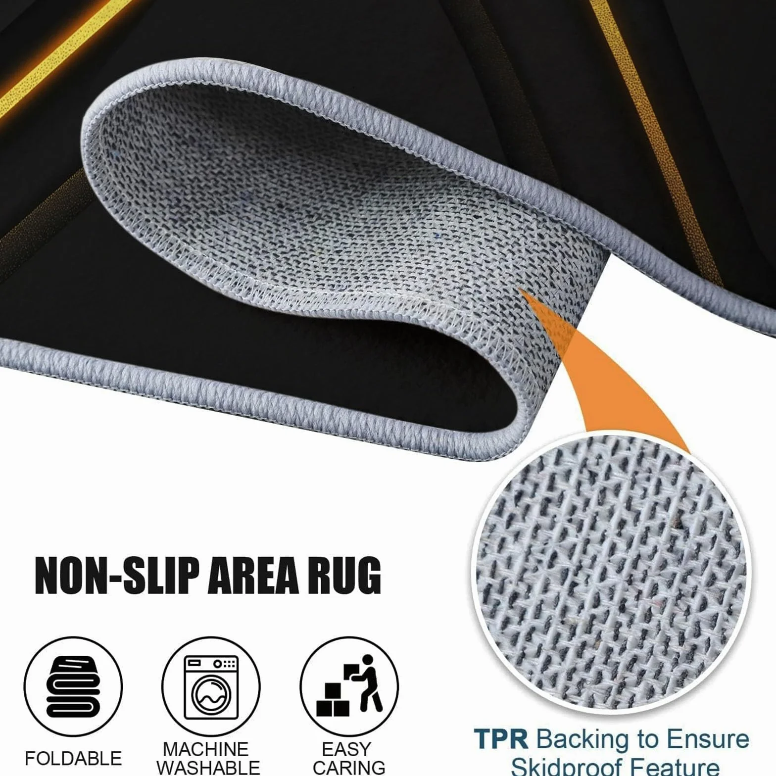 Tapis Salon Chambre Adulte Poil Court Antidérapant Lavable Noir Or 60 x 110 cm