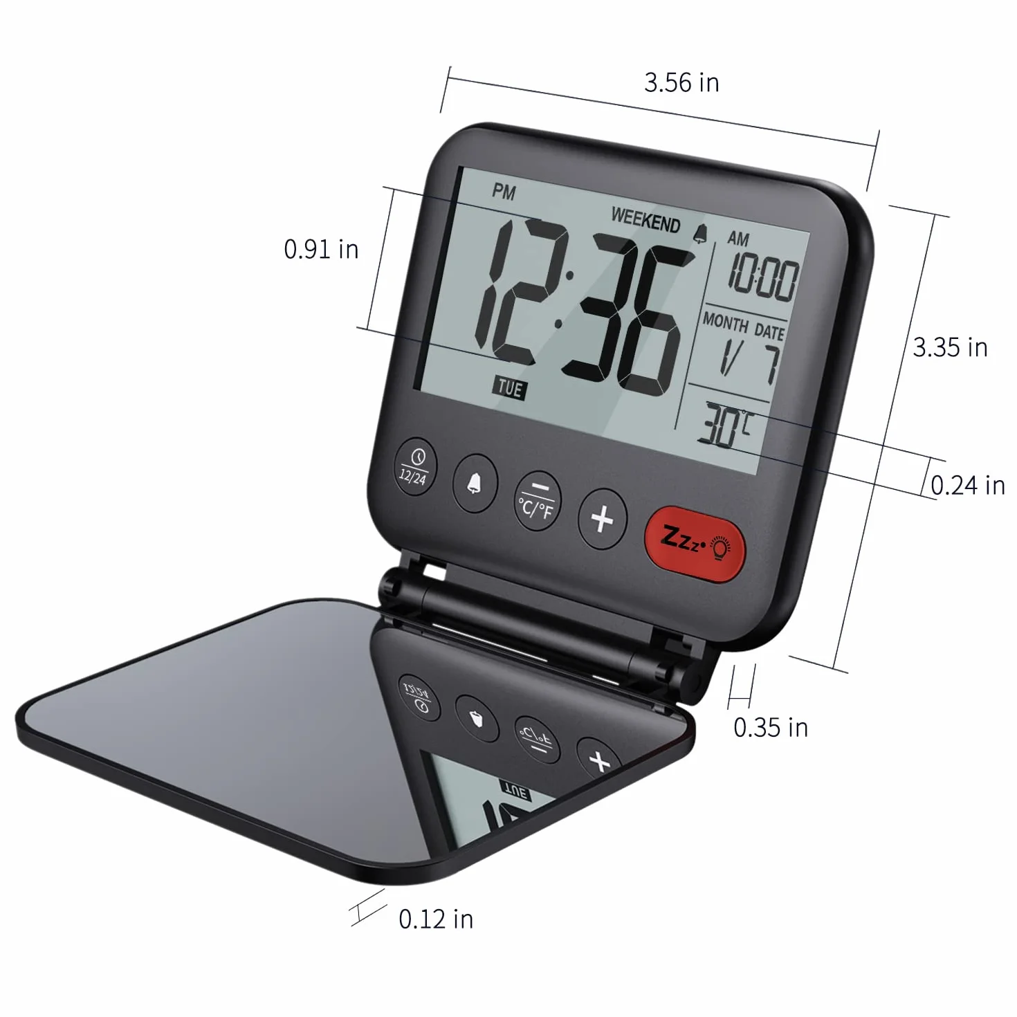 NOKLEAD Mini Horloge Numérique LCD Portable Réveil de Voyage avec Calendrier Rétroéclairé 12/24H Température Miroir Pliable Piles (Noir)