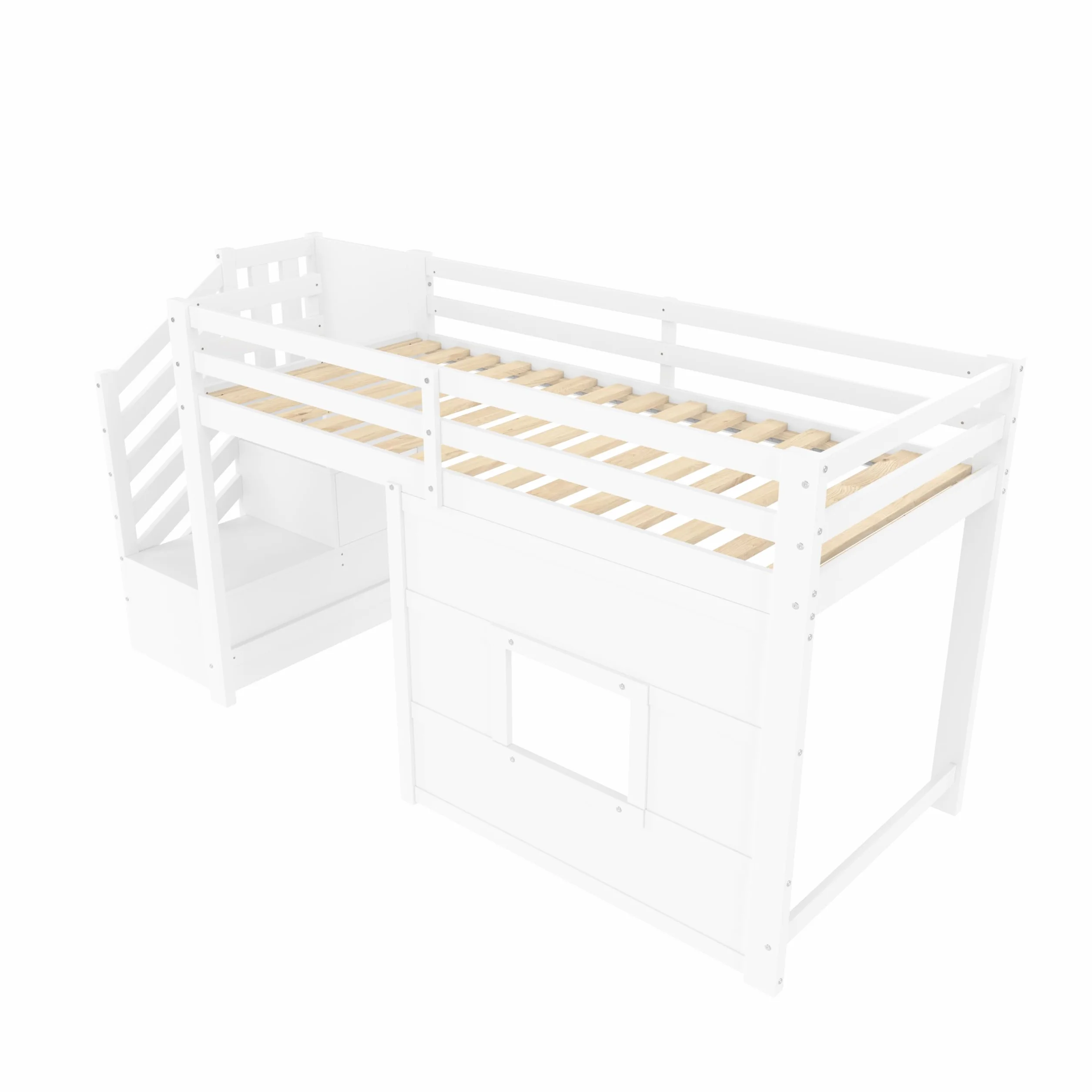Lit Mezzanine Enfant 90x200 avec Escalier de Rangement, Cadre de Lit Enfant Fenêtre et Éclairage LED - Cadre de Lit en Bois Stable