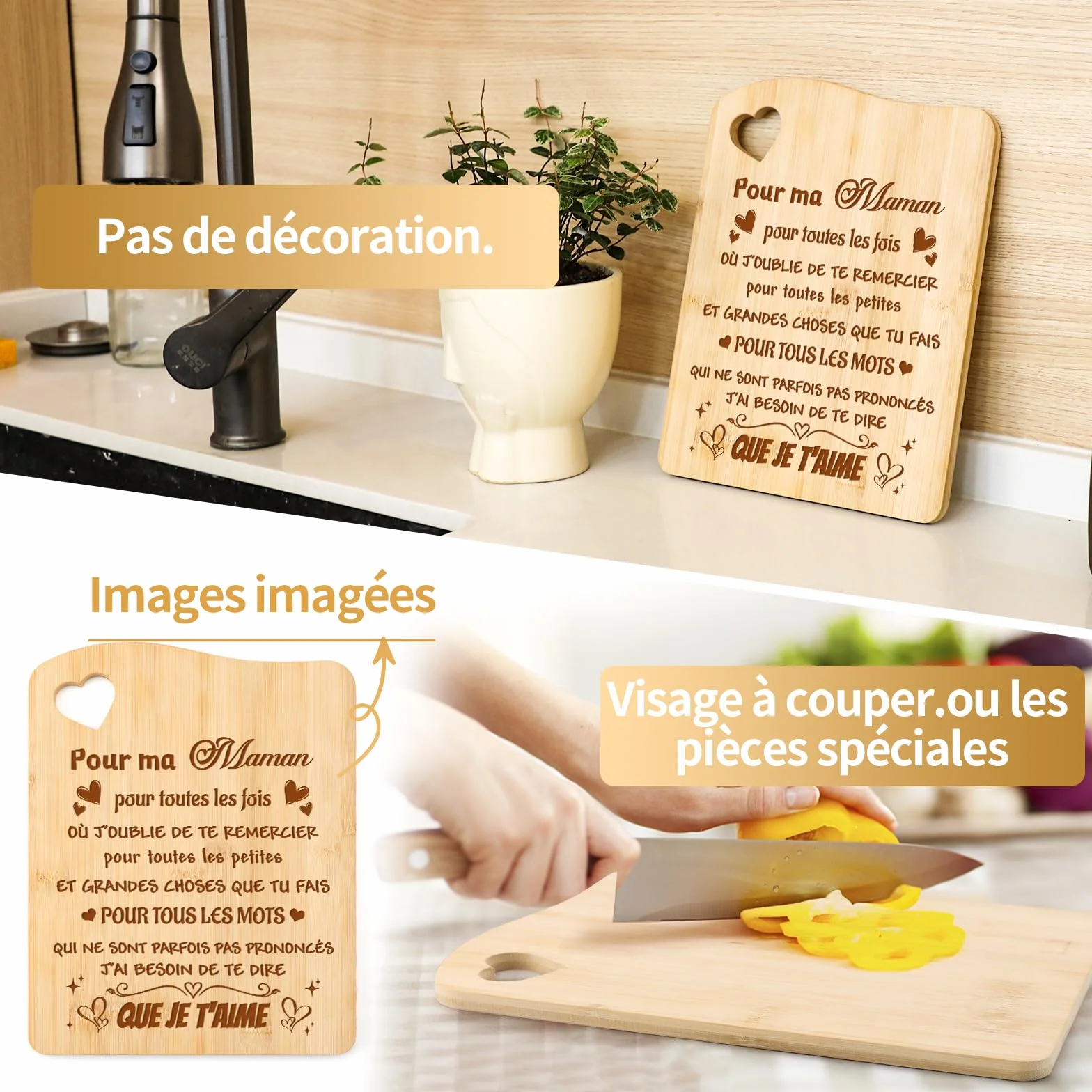 Planche à Découper en Bambou Sculptée Cadeau Fête des Mères Maman