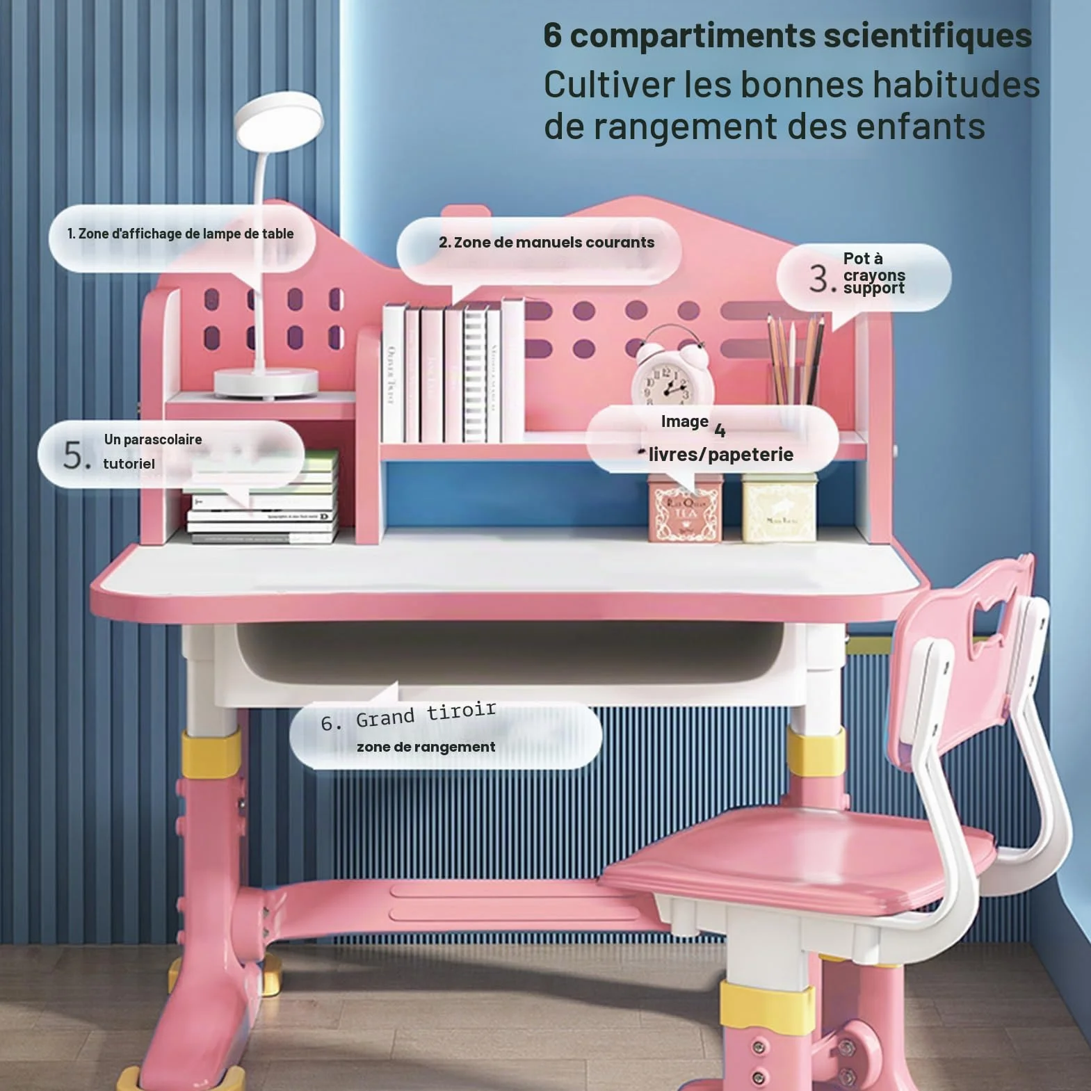 Ensemble de table et de chaises pour enfants - Hauteur réglable - Table d'apprentissage et chaises - Rose - Bureau pour enfants avec tiroirs et compartiments de rangement - Lecture