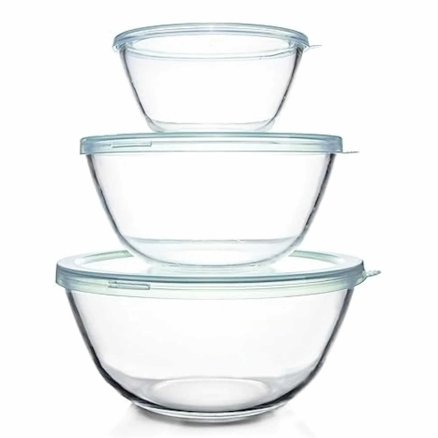 Luvan Lot de 3 Bols à Mélanger en Verre avec Couvercle (4.2 L, 2.5 L, 1 L), Grands Bols à Salade Ronds pour la Cuisine, Parfaits pour Cuisiner, Cuire, Servir, Préparer, passent au Lave-vaisselle